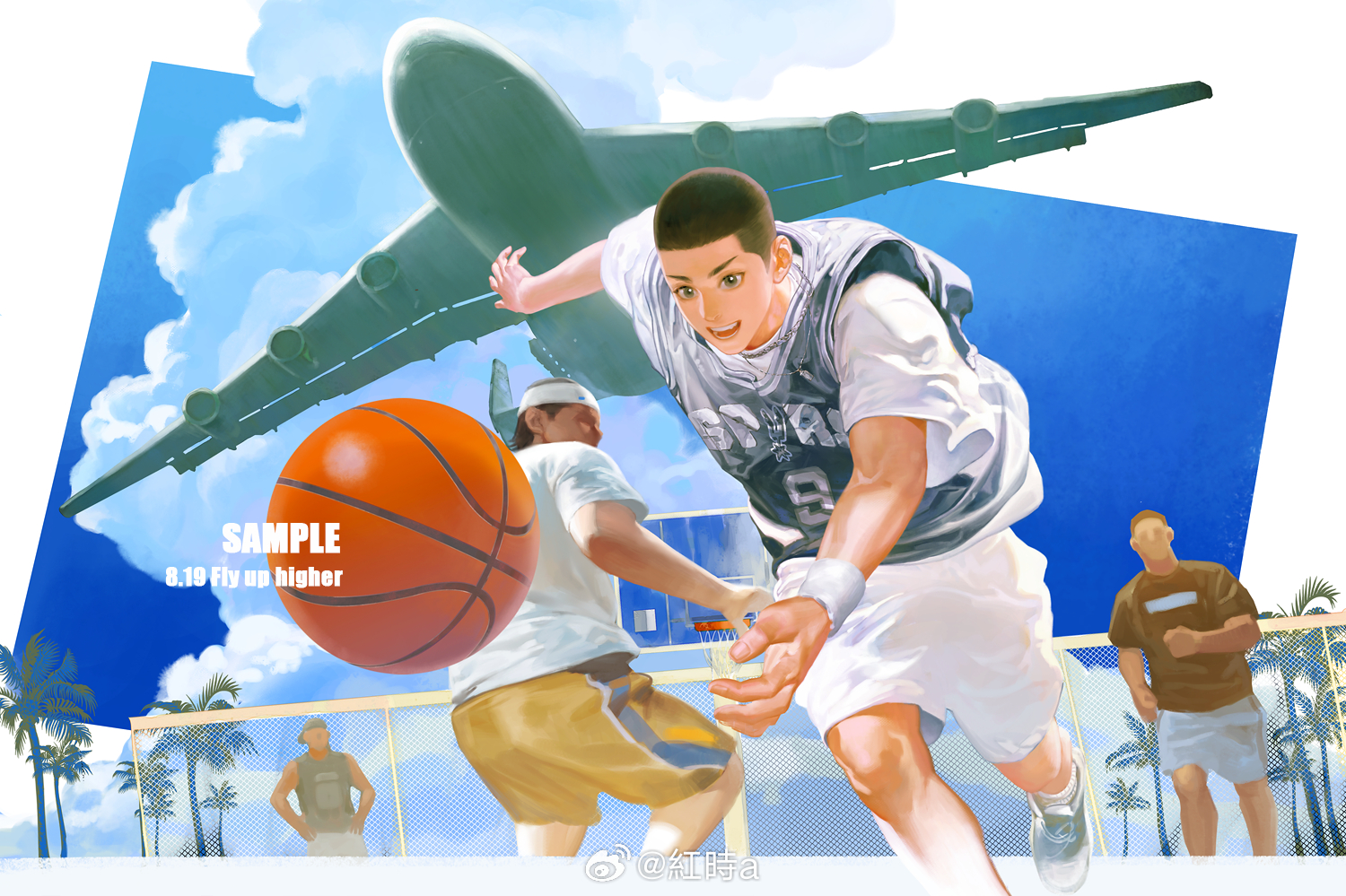 elna, sawakita eiji, slam dunk (series), aircraft, airplane, basketball, black eyes, black hair, blue sky, jewelry, multiple boys, necklace, shoes, short hair, shorts, sky, tree, white shoes, white shorts