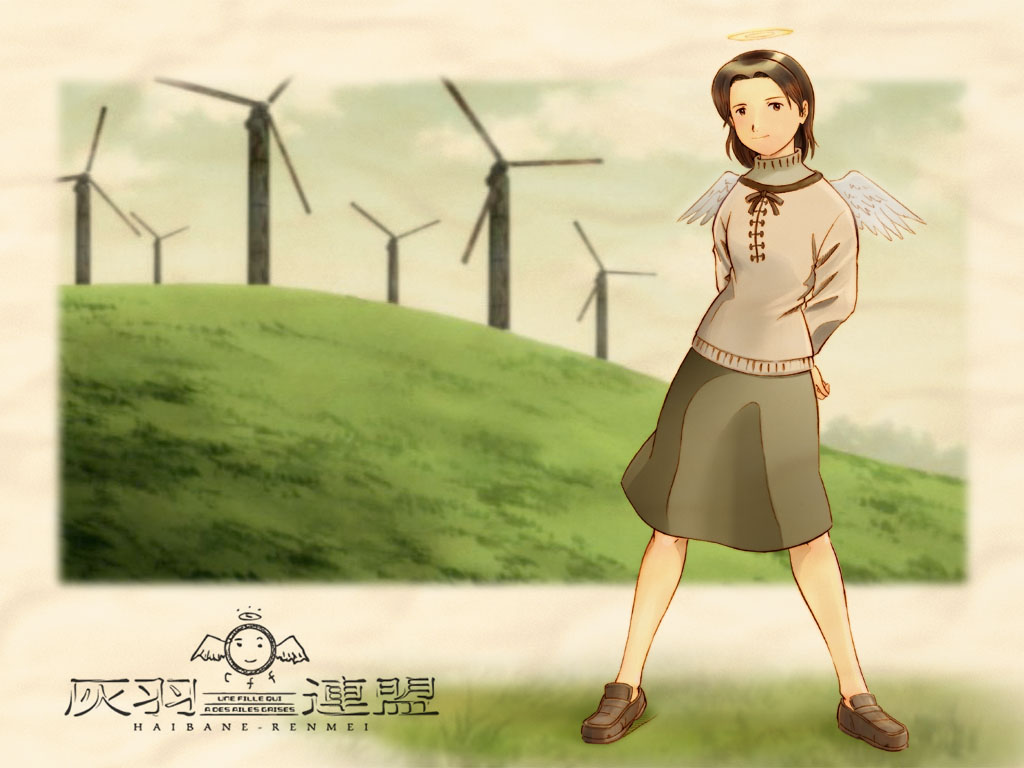 aaru sentou shuudan, nemu (haibane renmei), haibane renmei, 00s, 1girl, female focus, halo, outdoors, sky, solo, traditional halo, wings