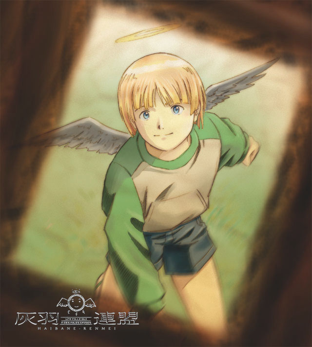 aaru sentou shuudan, kuu (haibane renmei), haibane renmei, 00s, 1girl, denim, denim shorts, female focus, halo, pitching, raglan sleeves, shorts, solo, traditional halo, wings