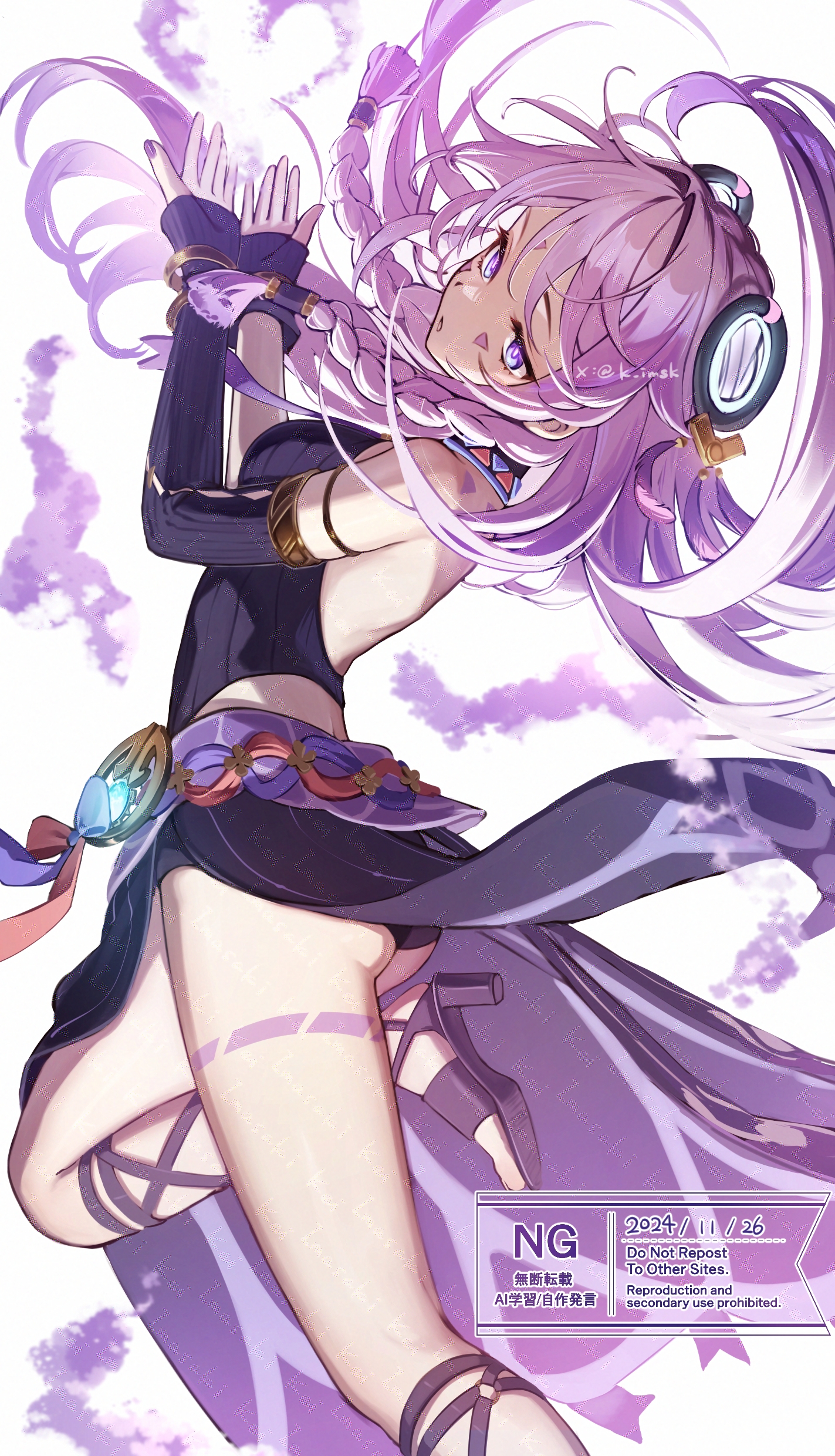imasaki kei, citlali (genshin impact), genshin impact, absurdres, highres, 1girl, arched back, backless leotard, blue eyes, body markings, bracelet, braid, braided sidelocks, breasts, cowboy shot, cupping hands, dated, elbow gloves, facial mark, floating hair, floating headgear, gloves, gradient hair, headgear, high heel sandals, jewelry, leotard, long hair, medium breasts, multicolored hair, nail polish, own hands together, pink hair, purple hair, purple nails, purple sarong, purple shoes, purple skirt, sandals, sarong, shoes, single elbow glove, single glove, skirt, smoke, solo, standing, standing on one leg, triangle, triangle facial mark, upskirt, vision (genshin impact), white background