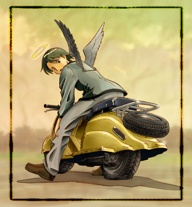 aaru sentou shuudan, kana, kana (haibane renmei), haibane renmei, vespa, vehicle, 00s, 1girl, androgynous, female focus, flat tire, halo, lambretta, motor vehicle, reverse trap, scooter, solo, spare tire, traditional halo, unused tire, wings