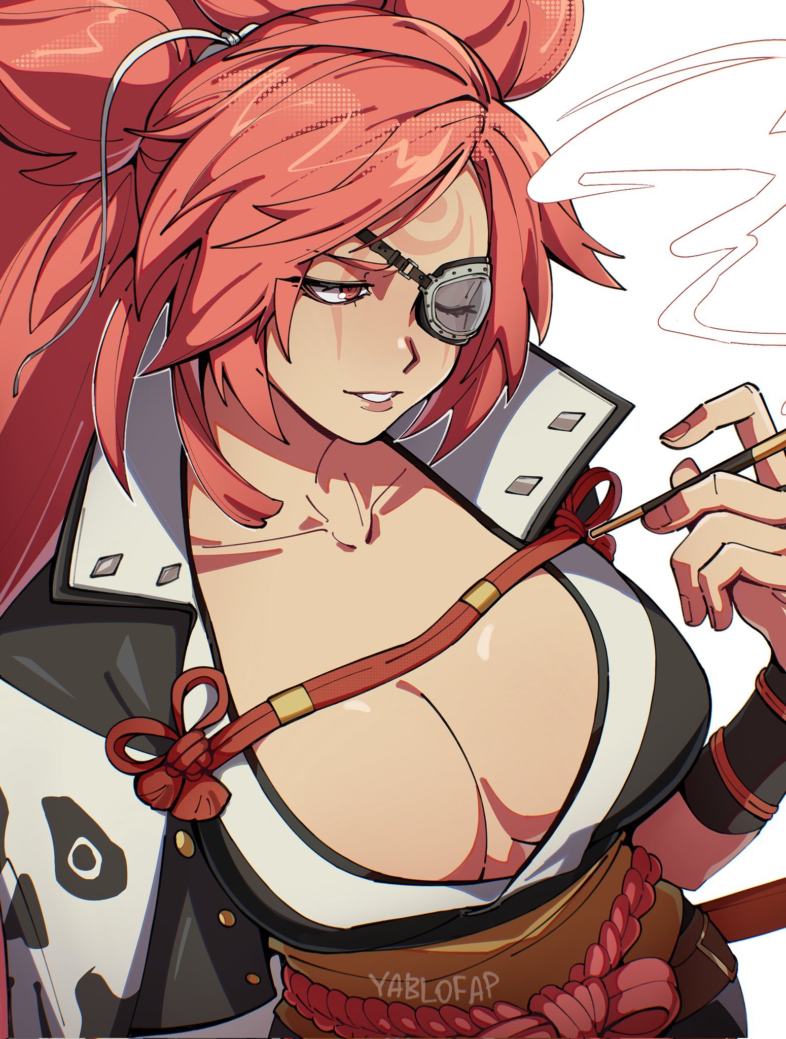 alohapz, baiken, guilty gear, guilty gear strive, commentary, corrupted twitter file, highres, symbol-only commentary, 1girl, artist name, breasts, facial mark, forehead mark, holding, holding smoking pipe, large breasts, long hair, one eye closed, parted lips, pink eyes, pink hair, scar, scar across eye, scar on face, simple background, smoking pipe, solo, white background