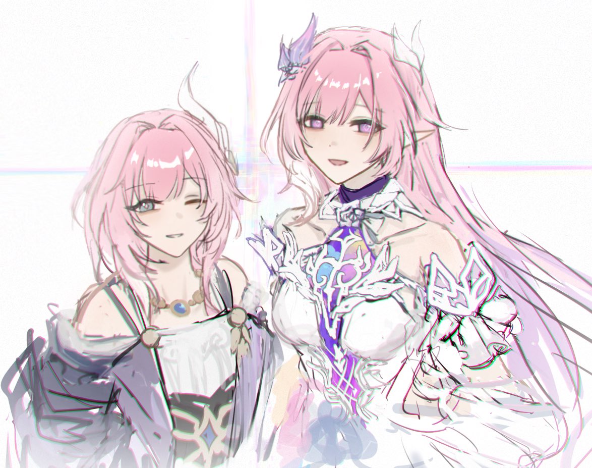 cyrene (honkai: star rail), honkai: star rail, honkai (series), hashtag-only commentary, 2girls, ;), bare shoulders, breasts, coat, cyrene (aedes elysiae) (honkai: star rail), cyrene (ripples of past reverie) (honkai: star rail), diamond-shaped pupils, diamond (shape), dress, dual persona, flower, hair flower, hair ornament, jewelry, large breasts, long hair, multiple girls, necklace, one eye closed, pink hair, pointy ears, purple coat, purple eyes, simple background, small breasts, smile, symbol-shaped pupils, very long hair, wenzi 006, white background, white dress