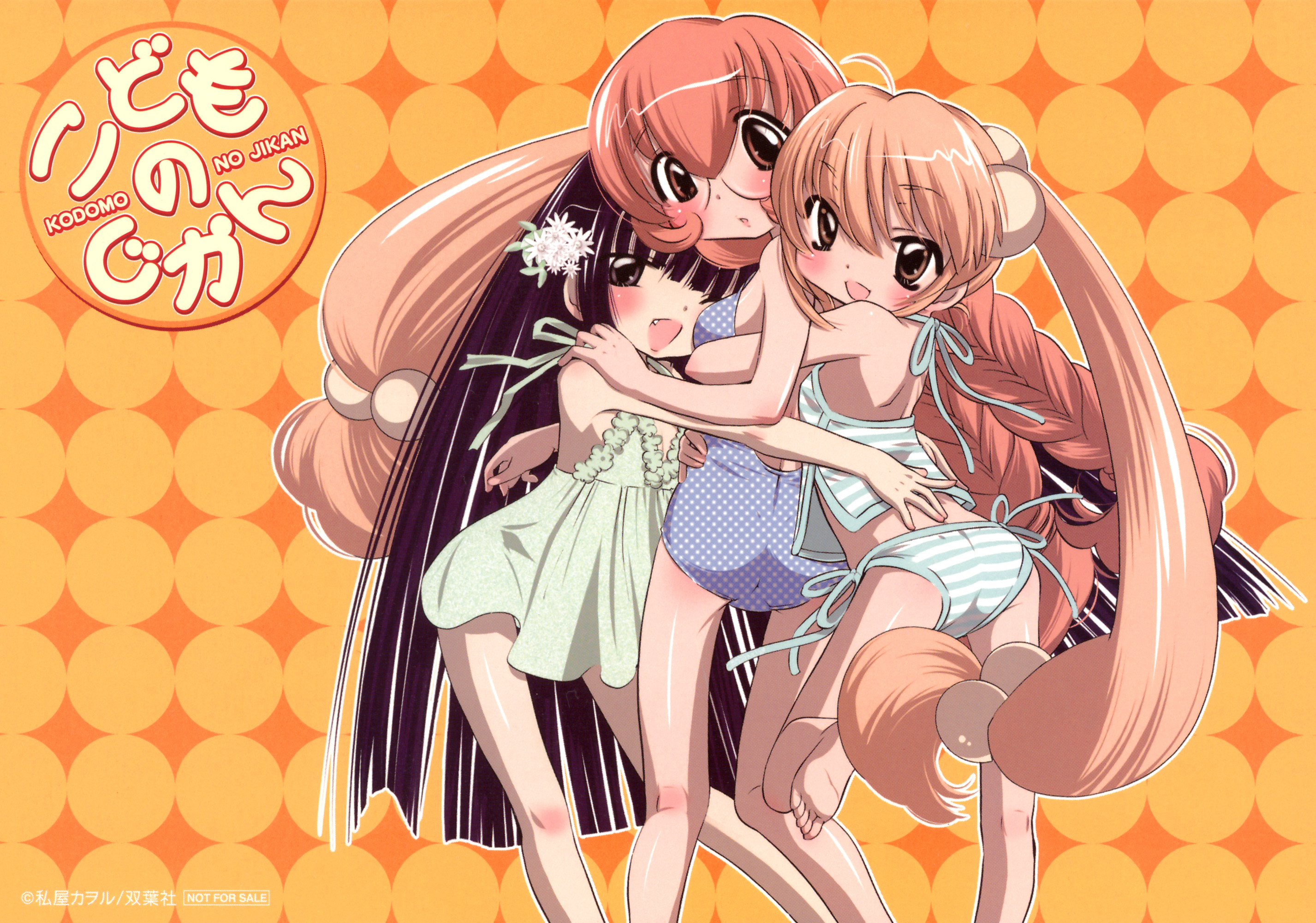 watashiya kaworu, kagami kuro, kokonoe rin, usa mimi, kodomo no jikan, highres, official art, 00s, 3girls, :d, ahoge, ass, barefoot, bikini, black hair, blonde hair, blush, braid, breasts, brown eyes, copyright name, cowboy shot, fang, feet, feet out of frame, flower, girl sandwich, glasses, hair bobbles, hair flower, hair ornament, hug, loli, long hair, multiple girls, one eye closed, open mouth, oppai loli, orange hair, polka dot, sandwiched, smile, striped bikini, striped clothes, swimsuit, twin braids, twintails, very long hair, watermark, wink