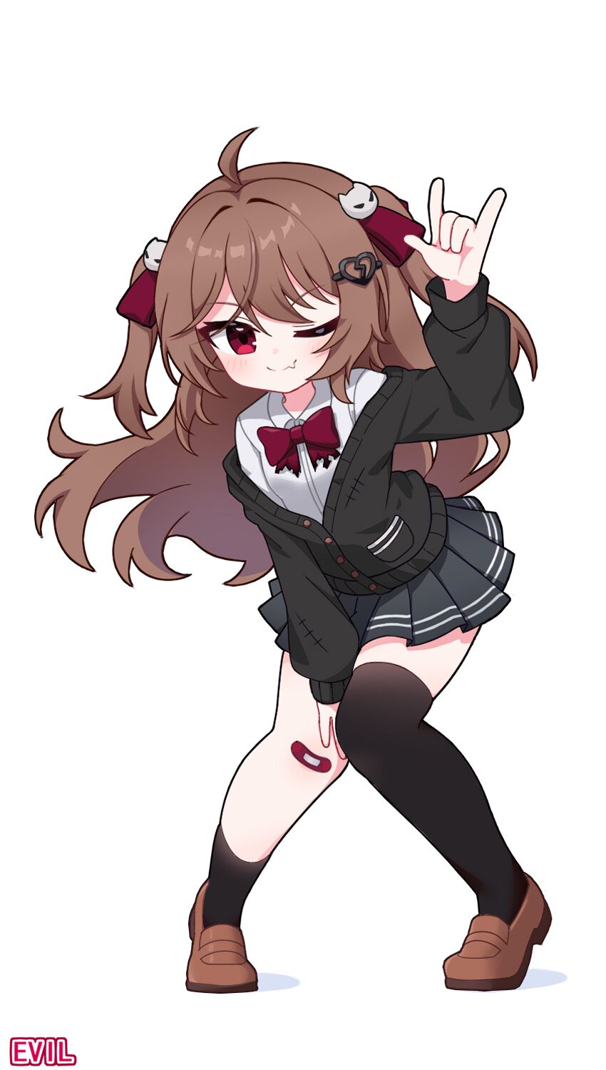 xiaomacroz, evil neuro-sama, neuro-sama, commentary, english commentary, highres, 1girl, n/, ahoge, arm up, asymmetrical legwear, bandaid, bandaid on knee, bandaid on leg, black cardigan, black skirt, black socks, black thighhighs, bow, bowtie, broken heart, broken heart hair ornament, brown hair, cardigan, character name, closed mouth, dress shirt, fang, from side, full body, hair between eyes, hair ornament, heart, light blush, loafers, long hair, long sleeves, looking at viewer, off-shoulder cardigan, one eye closed, pleated skirt, red bow, red bowtie, red eyes, red ribbon, ribbon, shirt, shoes, simple background, single sock, single thighhigh, skin fang, skirt, skull hair ornament, socks, solo, thighhighs, two side up, uneven legwear, v-neck, vedal ai, virtual youtuber, white background, white shirt