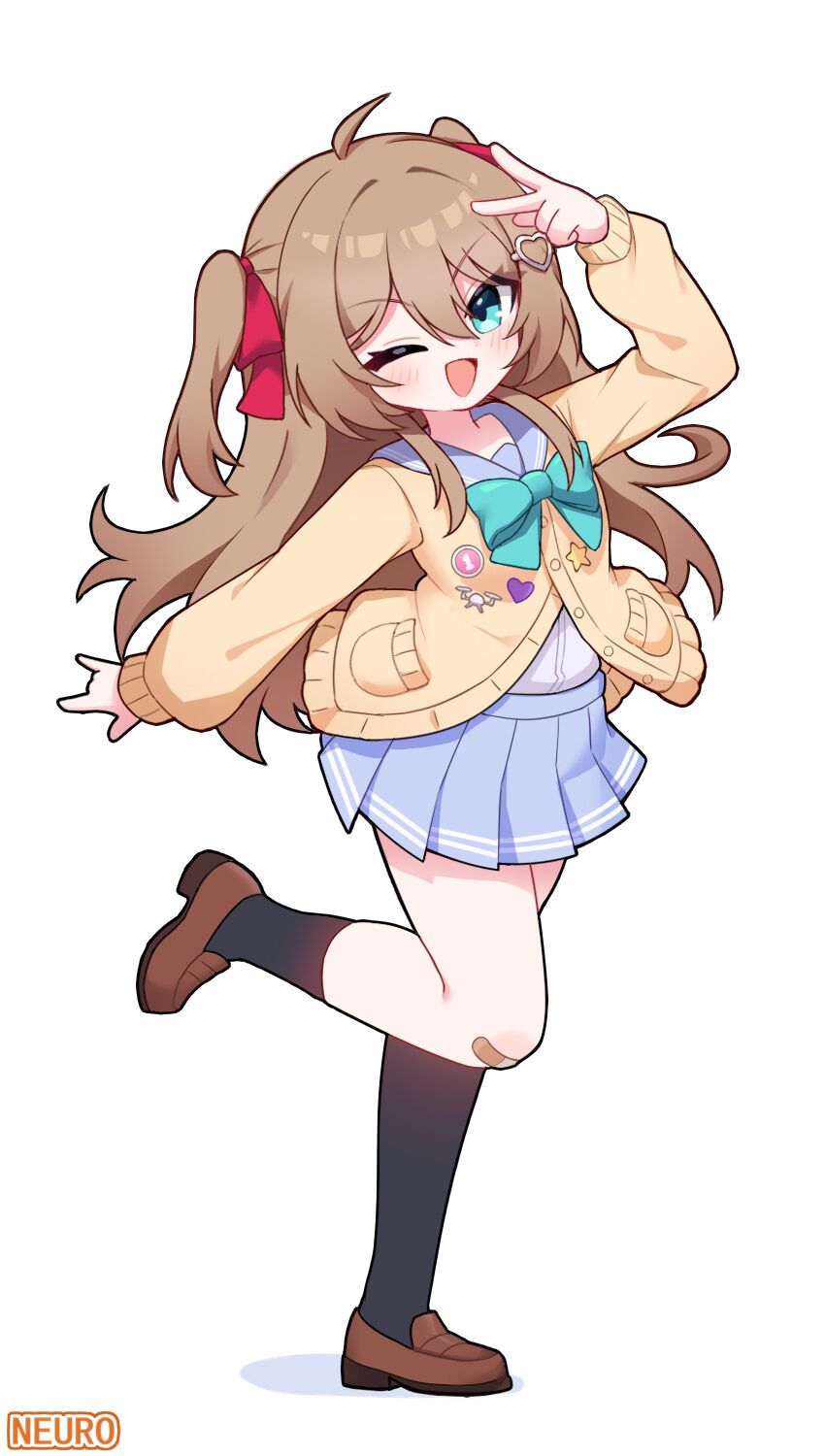 xiaomacroz, neuro-sama, highres, 1girl, n/, ahoge, aqua bow, aqua bowtie, arm up, asymmetrical legwear, bandaid, bandaid on knee, bandaid on leg, blue eyes, blue sailor collar, blue skirt, bow, bowtie, brown hair, cardigan, character name, dress shirt, from side, full body, hair between eyes, hair ornament, hair ribbon, heart, heart hair ornament, loafers, long hair, long sleeves, looking at viewer, off-shoulder cardigan, one eye closed, open mouth, pleated skirt, red ribbon, ribbon, sailor collar, shirt, shoes, simple background, single sock, single thighhigh, skirt, socks, solo, standing, standing on one leg, thighhighs, two side up, uneven legwear, v, vedal ai, virtual youtuber, white background, white shirt, yellow cardigan