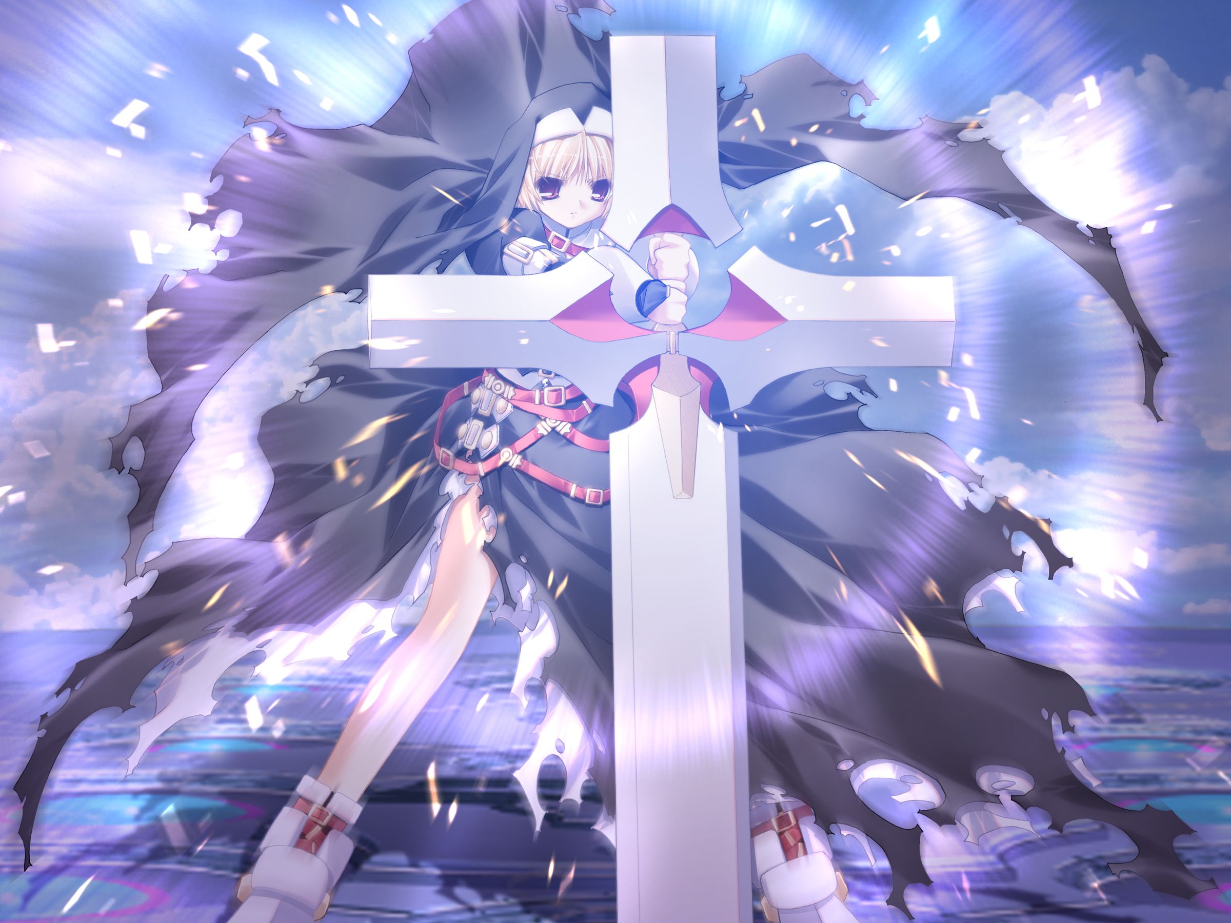 sister hell, prism ark, habit, game cg, highres, 00s, 1girl, belt, belt skirt, blonde hair, boots, bridal gauntlets, corset, cross, dress, female focus, full body, glowing, holding, holding sword, holding weapon, huge weapon, legs apart, motion blur, motion lines, nun, outdoors, red eyes, shadow, shoes, solo, standing, sword, torn clothes, torn dress, v-shaped eyebrows, vambraces, weapon, white boots