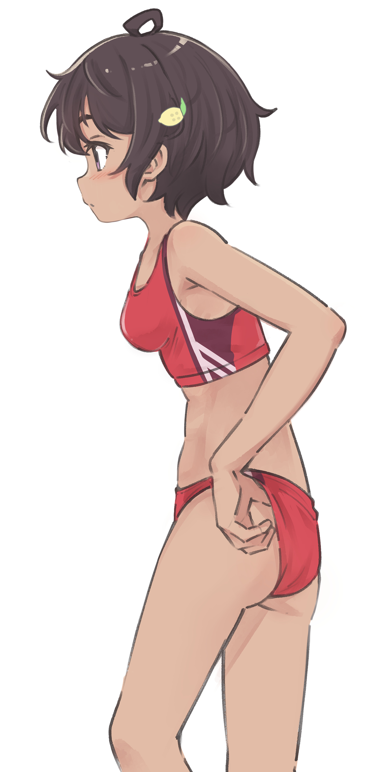 k-go, yakishio lemon, darling in the franxx, make heroine ga oo sugiru!, absurdres, commentary request, highres, 1girl, adjusting buruma, adjusting clothes, ahoge, ass, black hair, breasts, buruma, feet out of frame, food-themed hair ornament, hair ornament, lemon hair ornament, red buruma, red sports bra, short hair, simple background, small breasts, solo, sports bikini, sports bra, white background