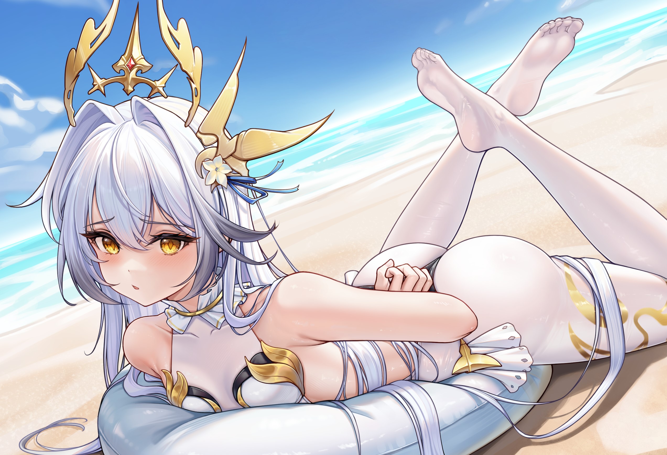 flan ling, character request, copyright request, highres, 1girl, arms behind back, ass, bare shoulders, beach, blush, breasts, cloud, cloudy sky, collar, crown, frilled collar, frills, grey hair, heattech leotard, inflatable toy, leotard, long hair, looking at viewer, lying, ocean, on stomach, pantyhose, restrained, sky, small breasts, turtleneck, very long hair, white leotard, white pantyhose, yellow eyes