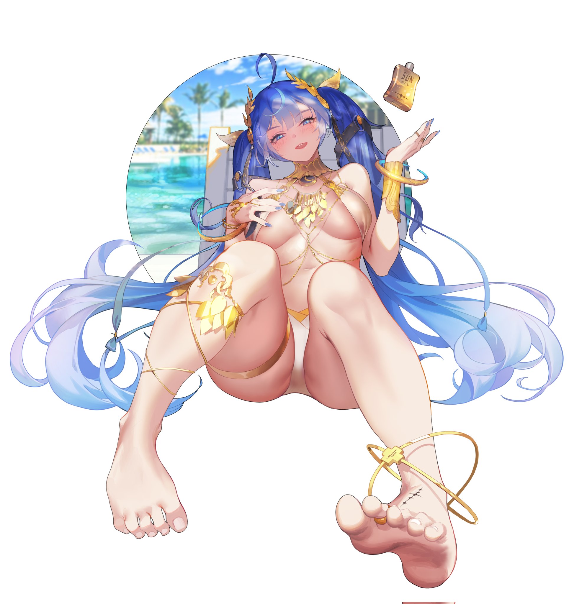 ina (mikamixx), iuno (wuthering waves), wuthering waves, highres, 1girl, alternate costume, ancient greek clothes, arm up, armlet, barefoot, bikini, blue eyes, blue hair, blue nails, blush, breasts, feet, greco-roman clothes, hair belt, head wreath, jewelry, large breasts, long hair, looking at viewer, open mouth, palm tree, smile, solo, stomach, swimsuit, tacet mark (wuthering waves), thighlet, thighs, toenails, toes, tree, underboob, very long hair, water, white bikini