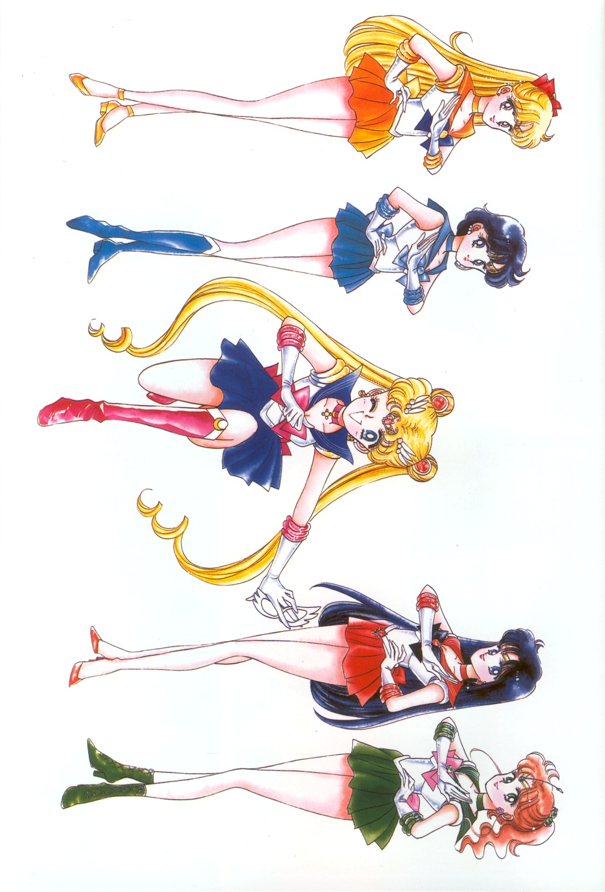 takeuchi naoko, aino minako, hino rei, kino makoto, mizuno ami, sailor jupiter, sailor mars, sailor mercury, sailor moon, sailor venus, tsukino usagi, bishoujo senshi sailor moon, bishoujo senshi sailor moon (first season), blue footwear, commentary, highres, official art, 1990s (style), 5girls, black hair, blonde hair, blue hair, blue sailor collar, blue skirt, boots, bow, brown hair, choker, double bun, earrings, elbow gloves, full body, gloves, green boots, green skirt, hair bobbles, hair bow, hair bun, hair ornament, half updo, high heels, inner senshi, jewelry, knee boots, long hair, magical girl, multiple girls, one eye closed, orange skirt, pink bow, ponytail, red bow, red skirt, retro artstyle, sailor collar, sailor senshi, school uniform, serafuku, shoes, short hair, sideways, simple background, skirt, tiara, twintails, white background, white gloves, wink