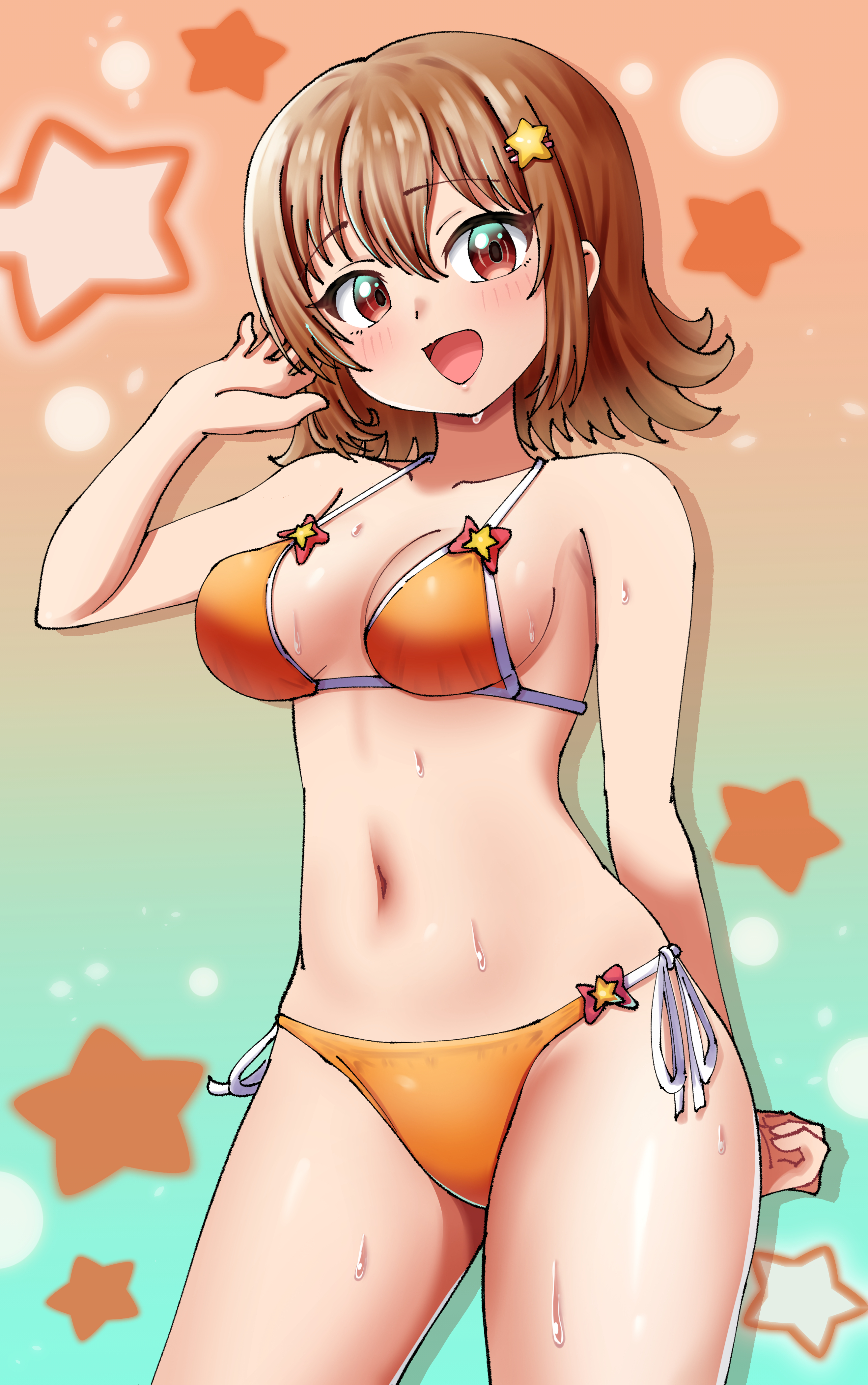 maho (corotonton5150), original, absurdres, commentary request, highres, 1girl, bikini, breasts, brown hair, contrapposto, flipped hair, gradient background, hair ornament, medium breasts, orange background, orange bikini, red eyes, short hair, side-tie bikini bottom, smile, solo, star (symbol), star hair ornament, star symbol background, swimsuit, wet