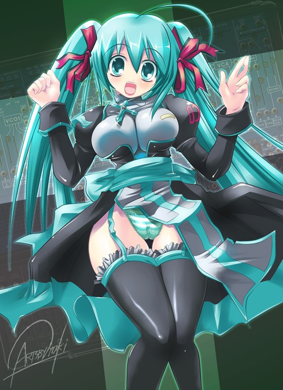 hatsune miku, high priest (ragnarok online), ragnarok online, vocaloid, breasts, cosplay, huge breasts, panties, solo, striped clothes, striped panties, thighhighs, twintails, underwear