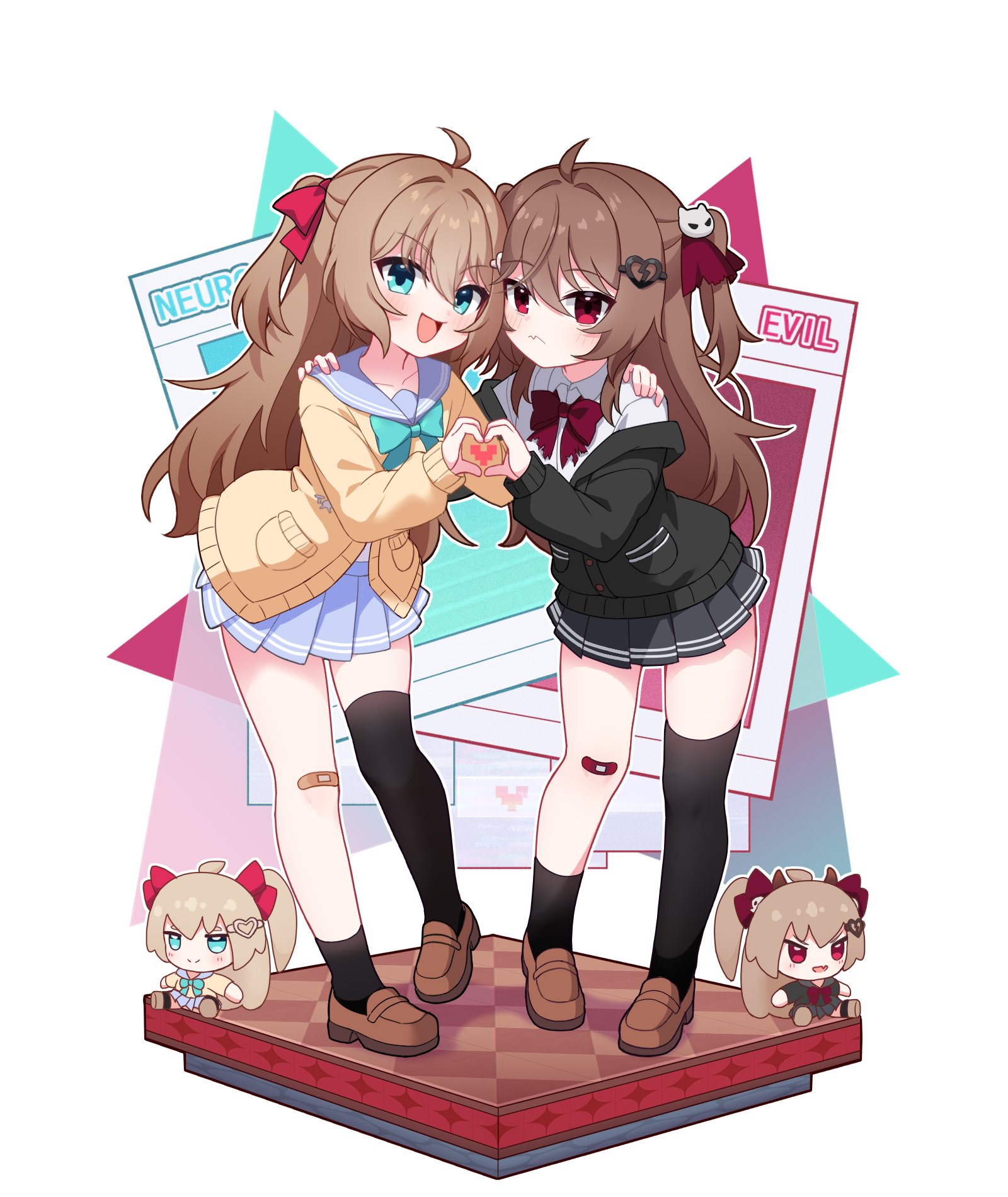 xiaomacroz, evil neuro-sama, neuro-sama, commentary, commission, english commentary, highres, ahoge, asymmetrical legwear, bandaid, bandaid on knee, bandaid on leg, black cardigan, black skirt, black socks, black thighhighs, blue eyes, blue skirt, broken heart, broken heart hair ornament, brown hair, cardigan, character name, closed mouth, dress shirt, fang, from side, full body, fumo (doll), hair between eyes, hair ornament, hair ribbon, heart, heart hair ornament, heart hands, loafers, long hair, long sleeves, looking at viewer, off-shoulder cardigan, open mouth, pleated skirt, red eyes, red ribbon, ribbon, shirt, shoes, simple background, single sock, single thighhigh, skin fang, skirt, skull hair ornament, socks, standing, thighhighs, two side up, uneven legwear, vedal ai, virtual youtuber, white background, white shirt, yellow cardigan