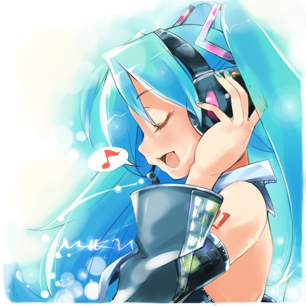 hatsune miku, vocaloid, 1girl, aqua hair, closed eyes, detached sleeves, female focus, headphones, music, open mouth, profile, singing, solo, twintails