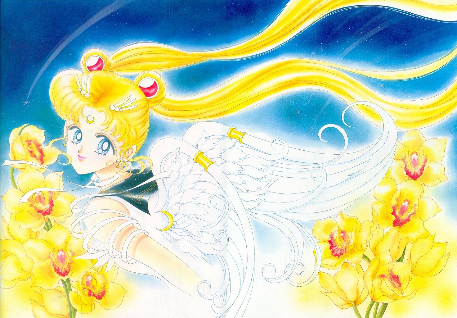 takeuchi naoko, eternal sailor moon, sailor moon, tsukino usagi, bishoujo senshi sailor moon, bishoujo senshi sailor moon sailor stars, commentary, official art, 1990s (style), 1girl, angel, blonde hair, blue eyes, blue sailor collar, crescent, crescent facial mark, double bun, earrings, facial mark, female focus, flower, hair bun, jewelry, long hair, magical girl, retro artstyle, sailor collar, solo, twintails, very long hair, wings