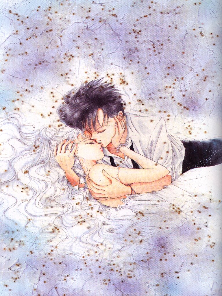 takeuchi naoko, chiba mamoru, endymion, princess serenity, queen serenity, tsukino usagi, bishoujo senshi sailor moon, commentary, official art, scan, scan artifacts, 1990s (style), 1boy, 1girl, black hair, bracelet, closed eyes, couple, double bun, dress, dress shirt, hair bun, hand on another's face, hetero, holding, hug, jewelry, long hair, lying, necktie, off shoulder, parted lips, retro artstyle, ring, shirt, strap slip, twintails, wavy hair, white dress, white hair