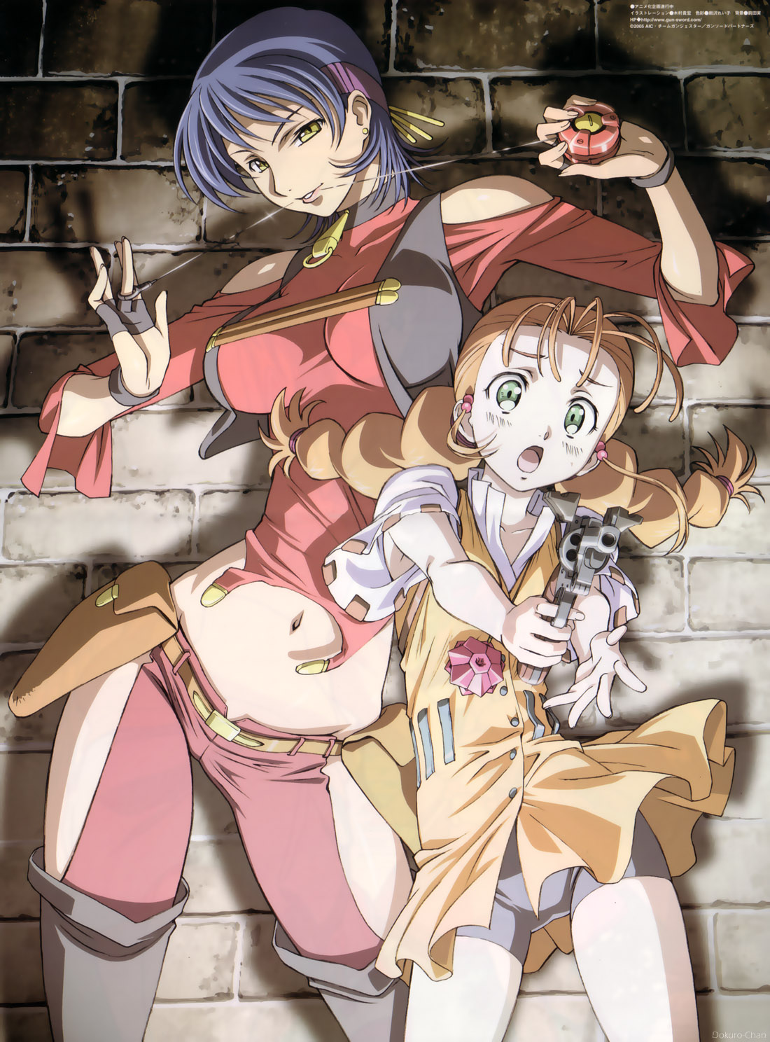 kimura takahiro, carmen99, kameo (gunxsword), wendy garrett, gunxsword, megami magazine, black legwear, grey legwear, highres, official art, scan, 2girls, :o, age difference, aiming, aiming at viewer, antenna hair, bare shoulders, belt, belt pouch, bike shorts, blue hair, boots, braid, breasts, brick wall, brown hair, buttons, child, clothing cutout, crop top, dress, earrings, fighting stance, fingerless gloves, fingernails, flat chest, gloves, green eyes, grin, gun, hair bobbles, hair ornament, handgun, high collar, holding, jewelry, large breasts, leaning, lipstick, long fingernails, long hair, long sleeves, looking at viewer, makeup, midriff, mouth hold, multiple girls, narrow waist, navel, necklace, no panties, orange hair, outstretched arm, pants, pouch, revolver, scrunchie, seductive smile, shadow, shirt, short dress, short hair, short sleeves, side cutout, sidelocks, smile, spotlight, standing, thigh boots, thighhighs, turtle, turtleneck, twin braids, watermark, weapon, wide hips, wide sleeves, yellow eyes, yo-yo