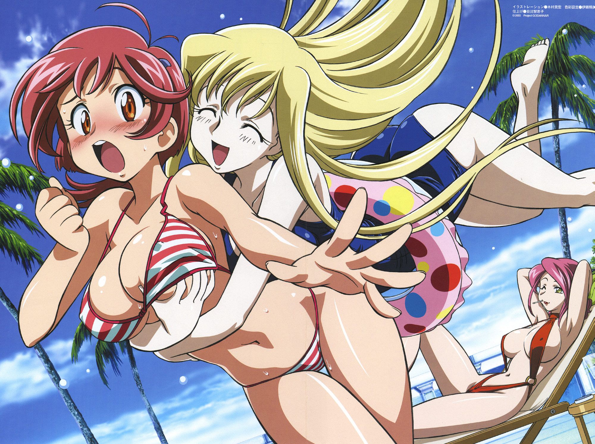 kimura takahiro, aoi anna, aoi kiriko, mira ackerman, megami magazine, shinkon gattai godannar!!, highres, official art, scan, 00s, 3girls, ^ ^, alternate costume, antenna hair, armpits, arms behind head, arms up, ass, assisted exposure, barefoot, beach, bikini, blonde hair, blue one-piece swimsuit, blush, breasts, chair, cleavage, closed eyes, cloud, covered erect nipples, crease, day, feet, flustered, grabbing another's breast, groping, hair ornament, hairclip, hand under clothes, hand under swimsuit, happy, hug, hug from behind, huge breasts, innertube, jumping, large breasts, leg up, lipstick, long hair, lounge chair, lying, makeup, mother and daughter, mouth hold, multiple girls, navel, on back, one-piece swimsuit, one eye closed, open mouth, orange eyes, outdoors, outstretched hand, pale skin, palm tree, reaching, reaching towards viewer, red hair, red slingshot swimsuit, short hair, sky, slingshot swimsuit, smile, striped bikini, striped clothes, surprised, surprised arms, swim ring, swimsuit, tree, underboob, water drop, wet, wink, yellow eyes, yuri