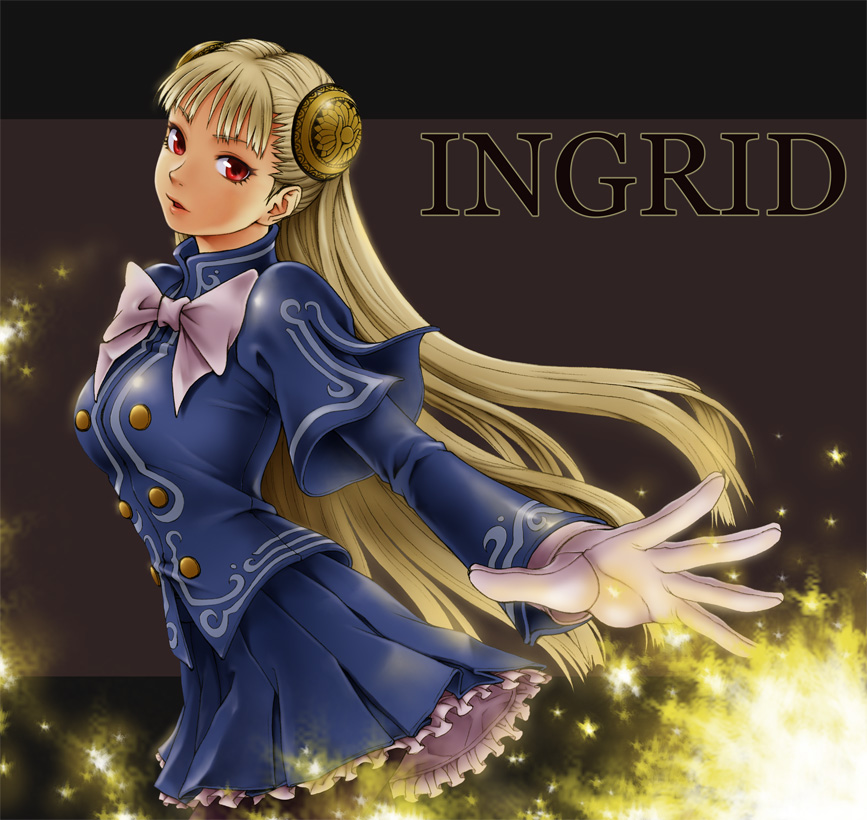 toshi, ingrid (capcom), capcom, capcom fighting jam, 1girl, blonde hair, blush, breasts, bun cover, double bun, dress, female focus, foreshortening, frills, gloves, hairpods, long hair, medium breasts, miniskirt, pantyhose, red eyes, ribbon, shirt, skirt, solo