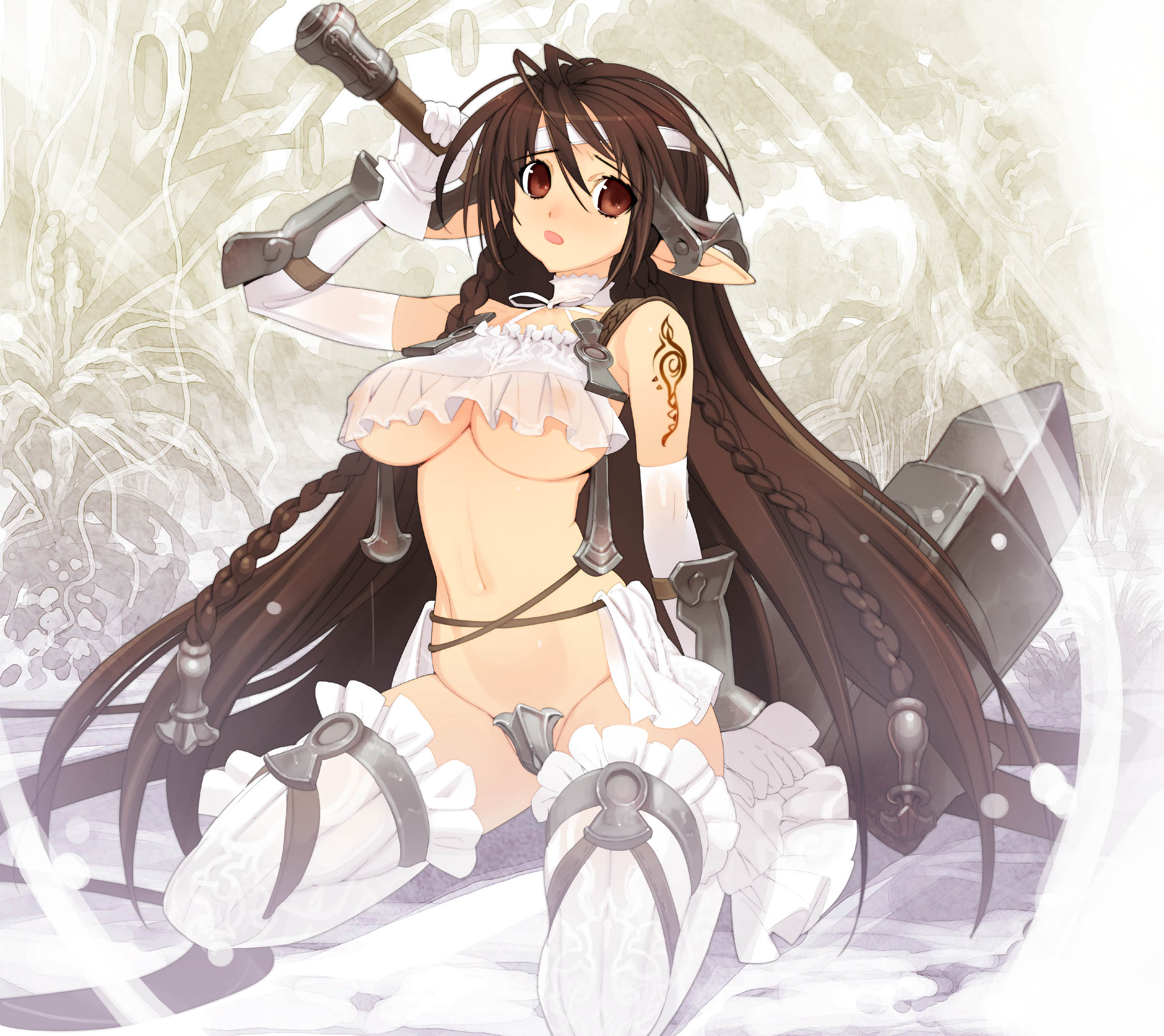 sanbasou, original, highres, 1girl, armor, braid, breasts, brown hair, choker, elf, fantasy, female focus, headband, huge weapon, kneeling, long hair, navel, pointy ears, red eyes, see-through clothes, side braid, solo, tattoo, thighhighs, twin braids, underboob, very long hair, war hammer, warhammer, weapon, white thighhighs