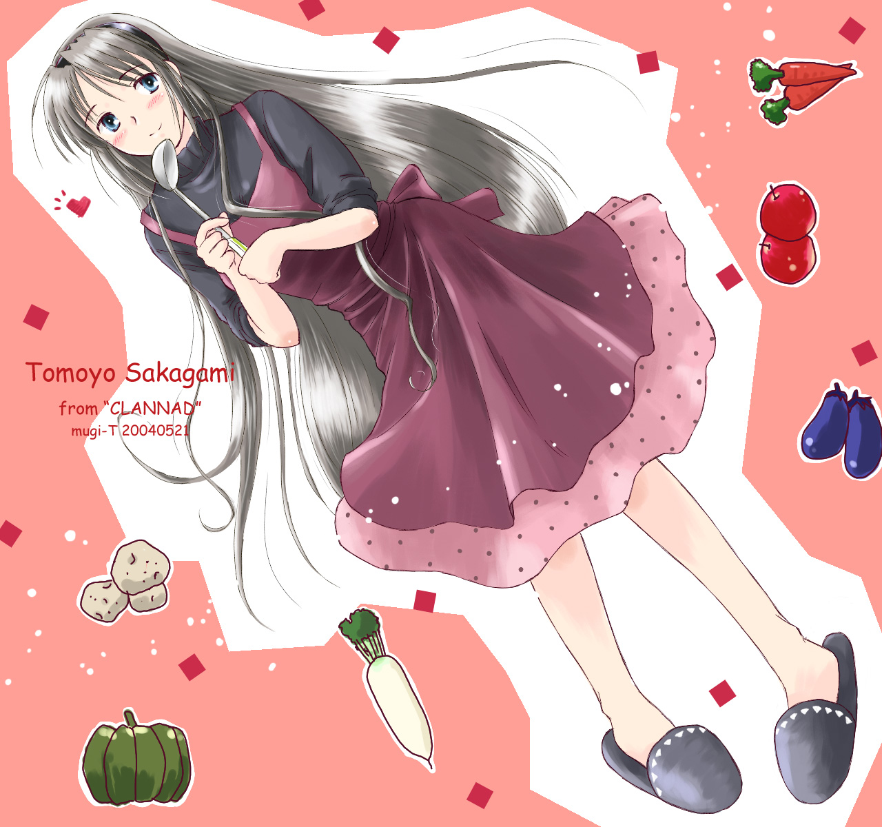 takahashi mugi, sakagami tomoyo, clannad, highres, 00s, blush, dress, food, grey slippers, slippers