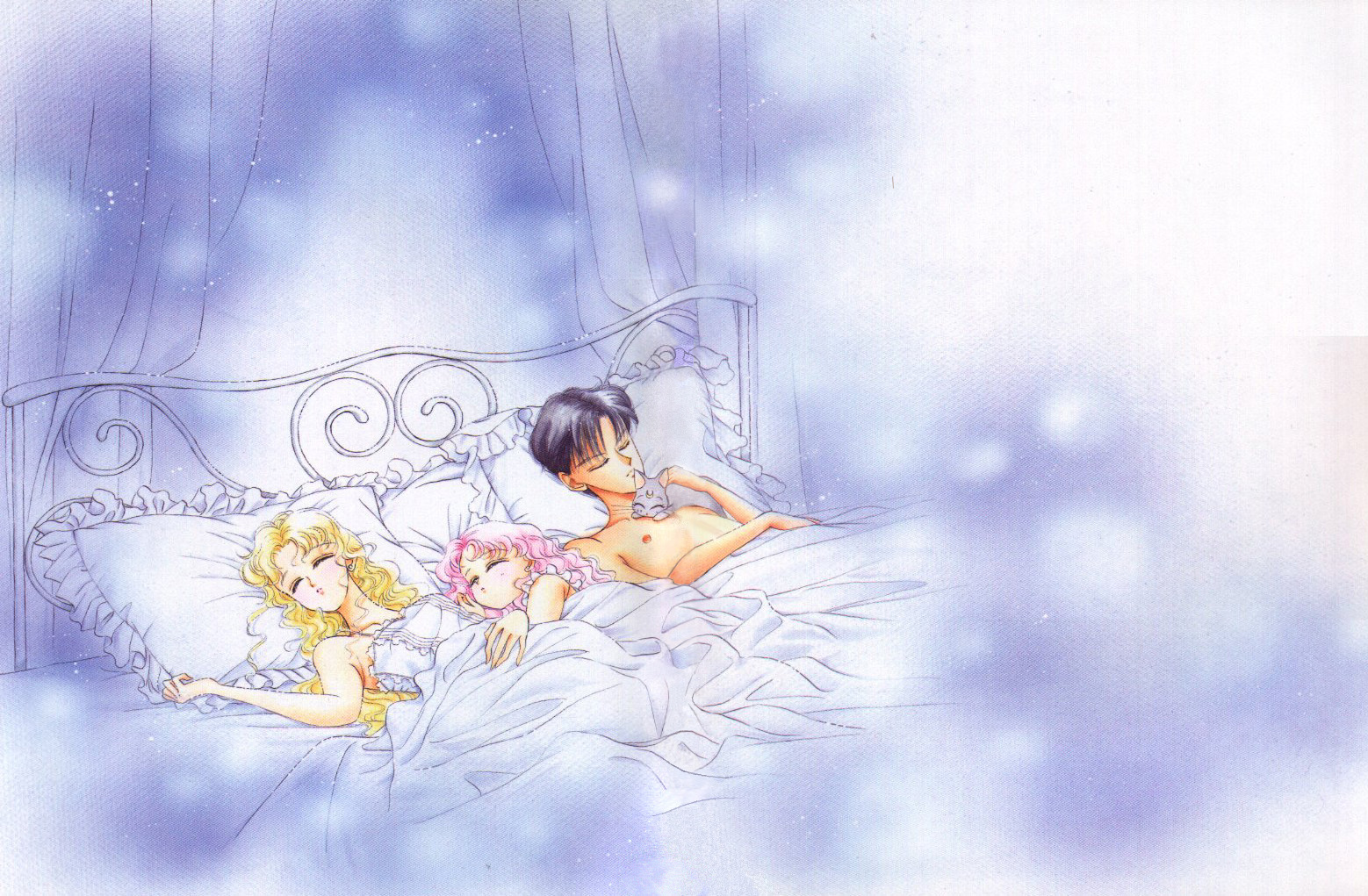 takeuchi naoko, chiba mamoru, chibi usa, diana (sailor moon), tsukino usagi, bishoujo senshi sailor moon, bishoujo senshi sailor moon supers, commentary, official art, traditional media, 1990s (style), 1boy, 2girls, alternate hairstyle, bed, black hair, blanket, blonde hair, cat, closed eyes, crescent, crescent facial mark, curtains, earrings, facial mark, family, frills, hair down, jewelry, lingerie, long hair, lying, multiple girls, nightgown, on back, on bed, on side, pillow, pink hair, retro artstyle, sleeping, topless female, topless male, underwear, wavy hair