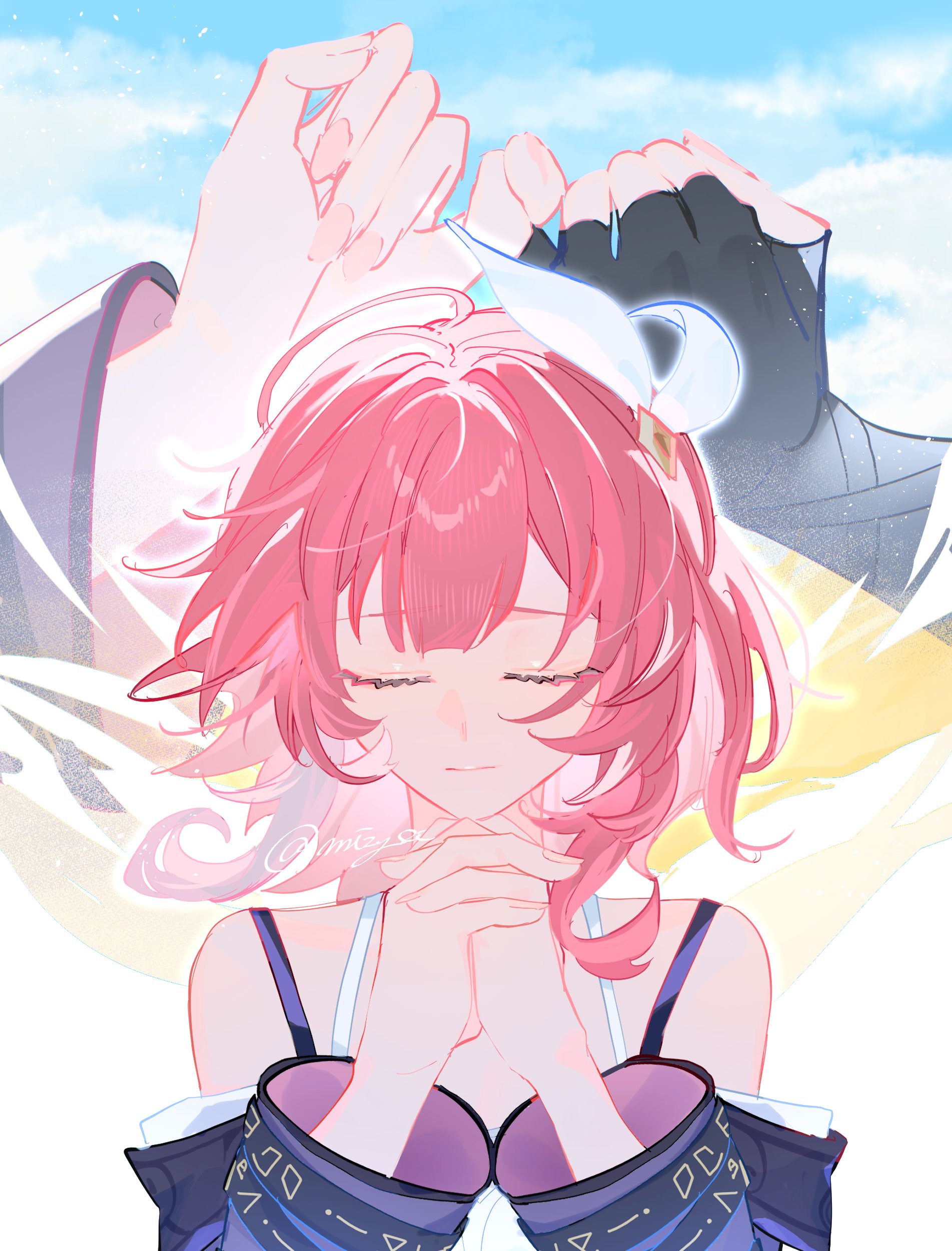 nyayou amanatto, cyrene (honkai: star rail), phainon (honkai: star rail), honkai: star rail, honkai (series), absurdres, commentary request, highres, 1boy, 1girl, bare shoulders, black gloves, bra strap, closed eyes, cyrene (aedes elysiae) (honkai: star rail), dress, facing viewer, fingerless gloves, gloves, hair ribbon, long sleeves, off-shoulder dress, off shoulder, own hands together, pink hair, pinky swear, ribbon, short hair, upper body, white ribbon