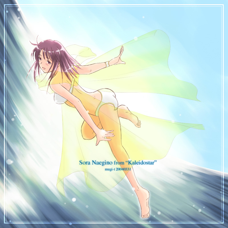 takahashi mugi, naegino sora, kaleido star, 00s, barefoot, bikini, feet, legs, sky, solo, swimsuit