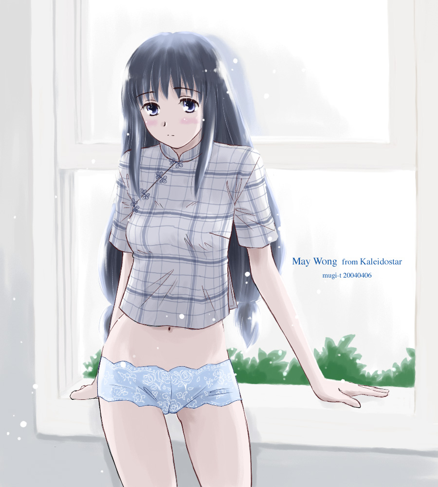 takahashi mugi, may wong, kaleido star, 00s, 1girl, blush, cameltoe, character name, copyright name, female focus, leaning, lingerie, long hair, panties, sad, sidelocks, solo, underwear, window