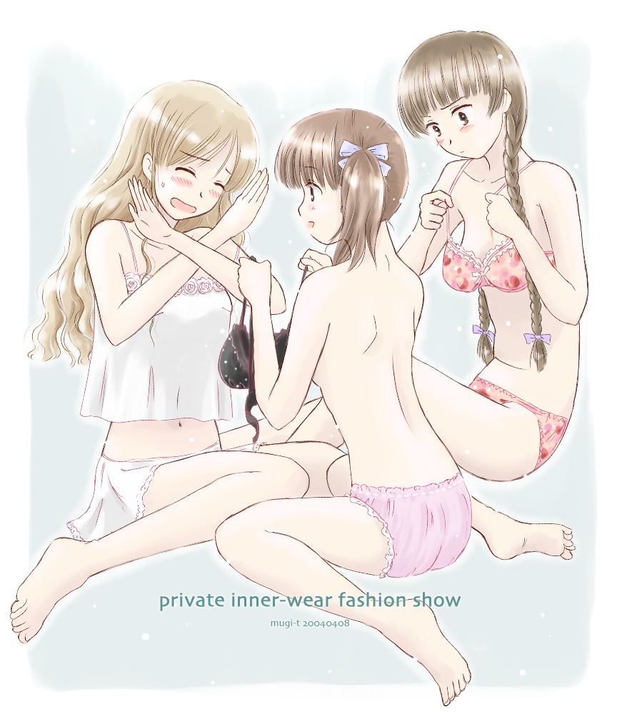 takahashi mugi, fukuzawa yumi, shimazu yoshino, toudou shimako, maria-sama ga miteru, 00s, 3girls, barefoot, blush, bra, feet, hair ribbon, legs, lingerie, multiple girls, panties, ribbon, underwear, underwear only