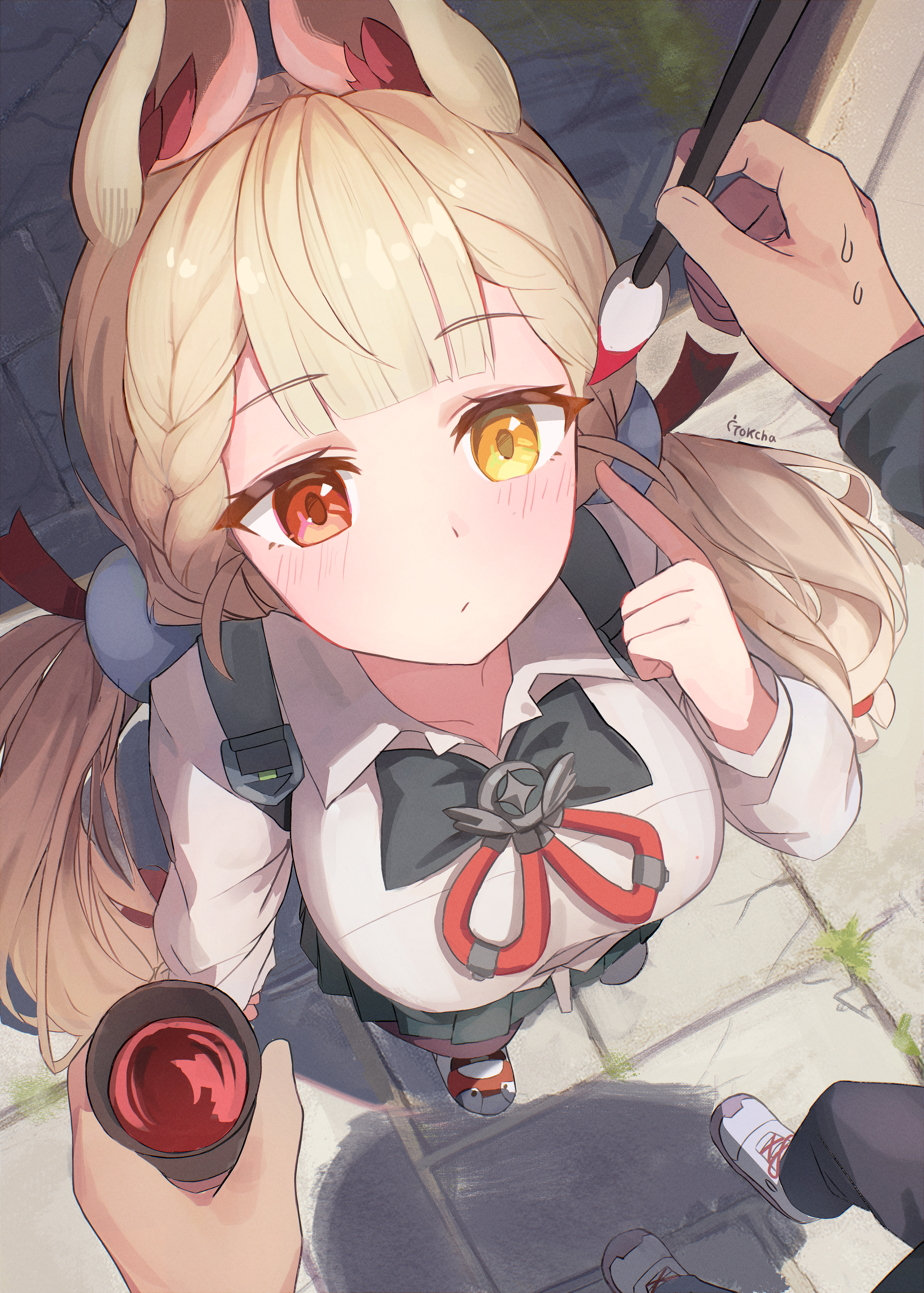 tokcha, alice thymefield, wise (zenless zone zero), zenless zone zero, absurdres, commentary request, highres, 1boy, 1girl, animal ears, black skirt, blonde hair, bow, bowtie, braid, breasts, closed mouth, collared shirt, foreshortening, from above, heterochromia, holding, holding paintbrush, large breasts, long hair, long sleeves, looking at viewer, low twintails, paintbrush, pleated skirt, rabbit ears, red eyes, shirt, skirt, solo focus, standing, twintails, white shirt, yellow eyes