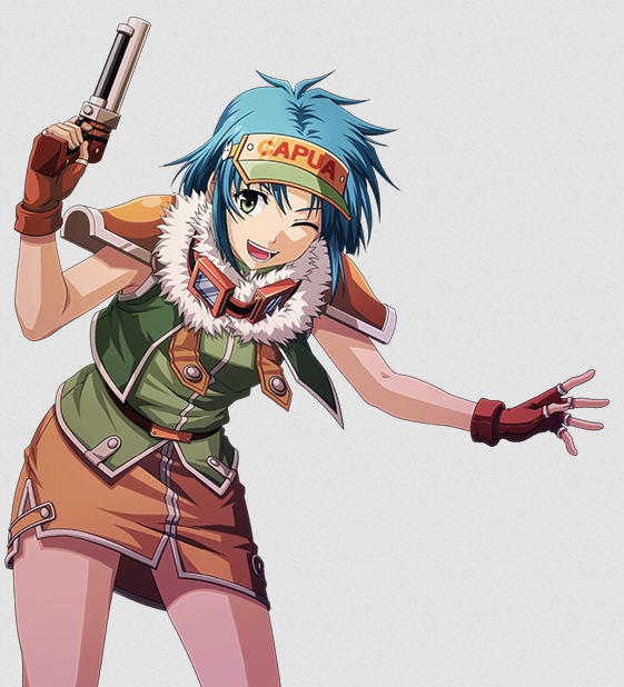 josette capua, eiyuu densetsu, sora no kiseki, game cg, official art, third-party source, 1girl, ;d, armor, blue hair, cowboy shot, cropped legs, curtained hair, fingerless gloves, full body, fur trim, gloves, goggles, goggles around neck, green eyes, green shirt, green vest, gun, handgun, holding, holding gun, holding weapon, leather, leather gloves, looking at viewer, miniskirt, one eye closed, open mouth, orange skirt, parted bangs, red gloves, shirt, short hair, shoulder armor, skirt, sleeveless, sleeveless shirt, smile, solo, vest, visor cap, weapon