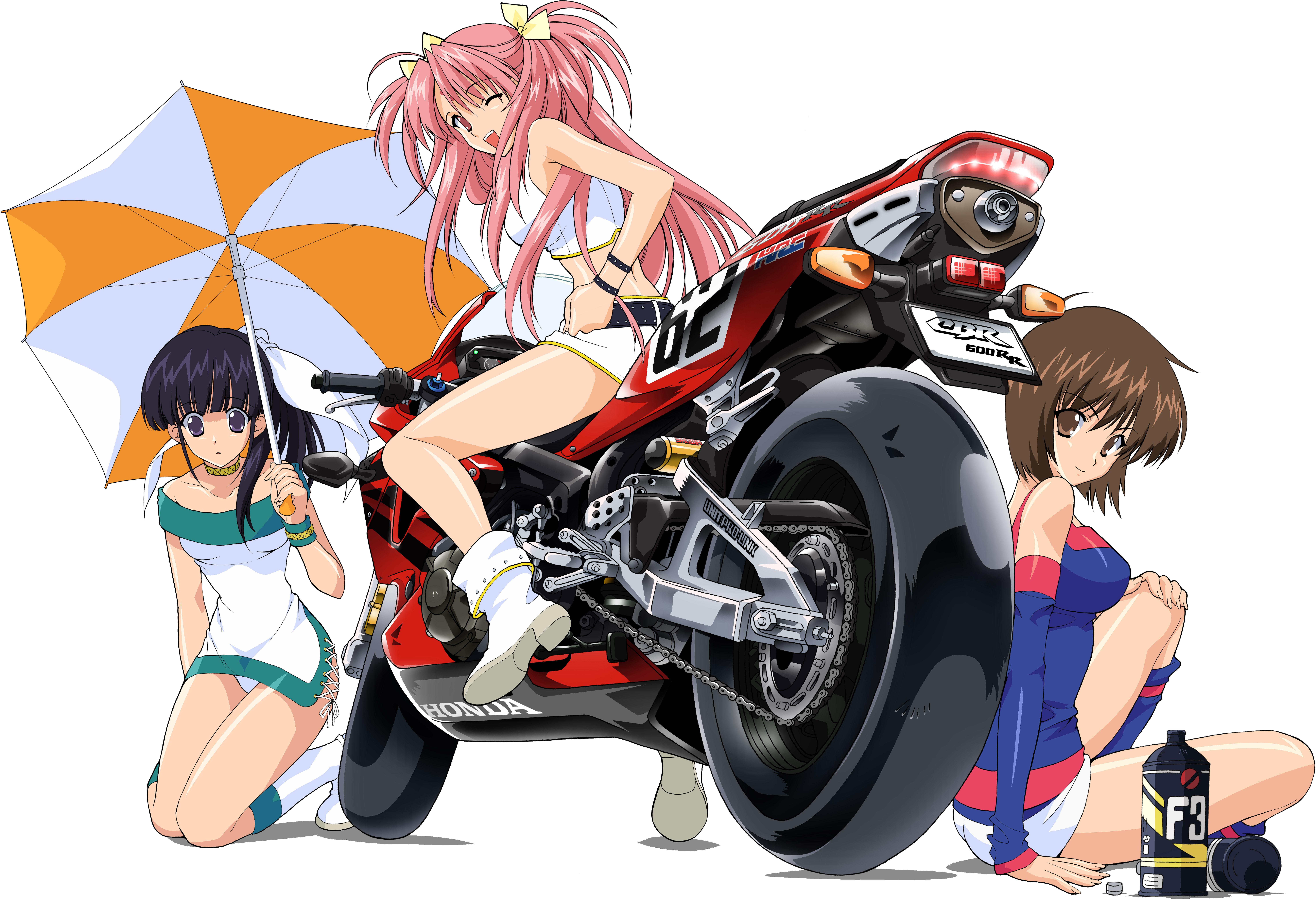 kojima kirie, koyomi hare nanaka, miharu sena kanaka, girls bravo, honda, blue legwear, vehicle, white legwear, absurdres, derivative work, highres, vector trace, 00s, 3girls, :o, ;d, ahoge, ankle boots, arm support, back, bare shoulders, belt, black hair, boots, bottle, bracelet, breasts, brown eyes, brown hair, choker, crop top, detached sleeves, dress, foreshortening, from behind, hair between eyes, hair ribbon, high heels, holding, jewelry, knee boots, kneehighs, kneeling, large breasts, leaning forward, long hair, looking back, motor vehicle, motorcycle, multiple girls, on motorcycle, one eye closed, open mouth, panties, pantyshot, parted bangs, pink eyes, pink hair, profile, purple eyes, race queen, ribbon, riding, shadow, shoes, short dress, short hair, short shorts, short twintails, shorts, side ponytail, side slit, simple background, sitting, smile, socks, straddling, studded belt, tank top, tiptoes, twintails, two side up, umbrella, underwear, very long hair, white panties, wink, wristband