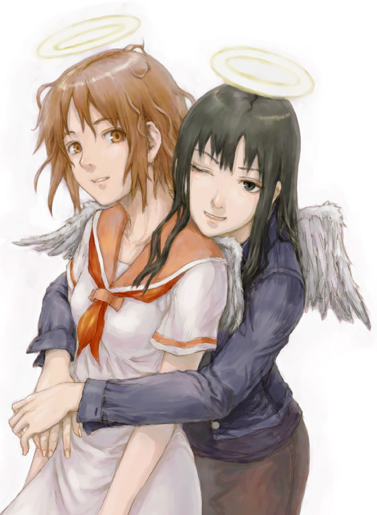 sasagawa (haikaiki), rakka (haibane renmei), reki (haibane renmei), haibane renmei, 00s, 2girls, angel, angel wings, black hair, brown hair, halo, hug, multiple girls, one eye closed, school uniform, serafuku, traditional halo, wings, wink
