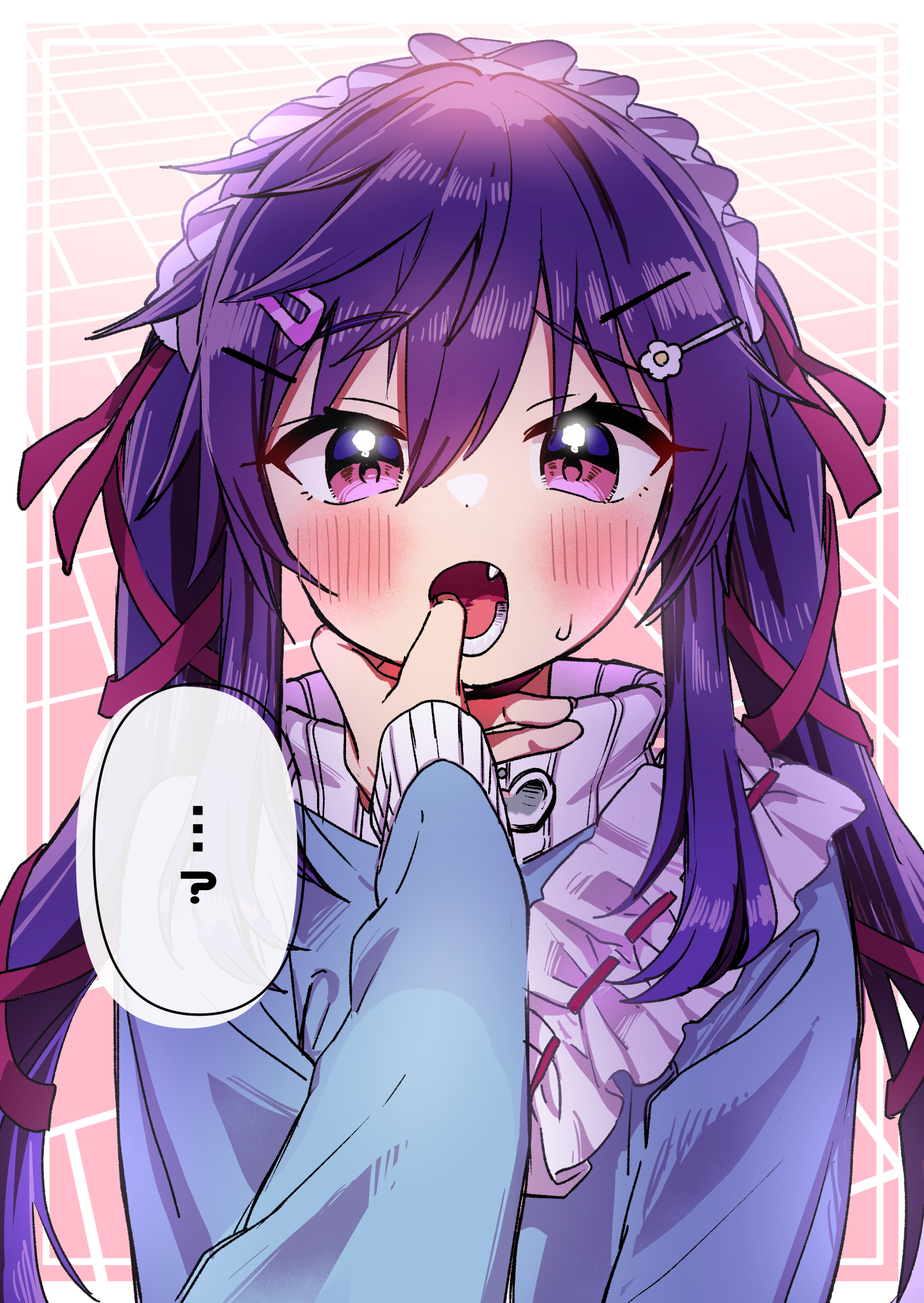 mitsuba tsuyu, ebisuzawa kurumi, gakkou gurashi!, absurdres, commentary request, highres, …, 1girl, ?, blush, eyelashes, finger in another's mouth, hair between eyes, hair ornament, hair ribbon, hairpin, long hair, multiple hairpins, open mouth, pov, pov hands, purple eyes, purple hair, red ribbon, ribbon, sidelocks, solo focus, speech bubble, spoken ellipsis, spoken question mark, sweat, teeth, twintails, upper body