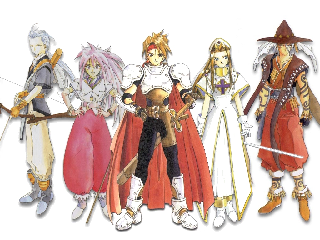 fujishima kousuke, arche klein, chester burklight, claus f. lester, cress albane, mint adenade, tales of (series), tales of phantasia, official art, 1990s (style), 2girls, 3boys, boots, knee boots, multiple boys, multiple girls, pants, pink pants, retro artstyle, wide ponytail