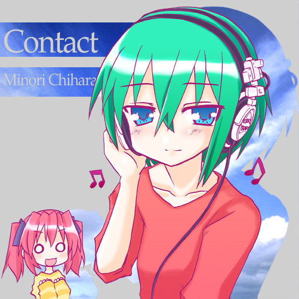 kairakuen umenoka, chihara minori, iwasaki minami, kobayakawa yutaka, lucky star, 00s, 2girls, beamed quavers, blue eyes, blue sky, cloud, collarbone, day, green hair, headphones, looking at viewer, multiple girls, musical note, o o, pink hair, short hair, silhouette, sky, surprised, sweater, twintails, voice actor connection