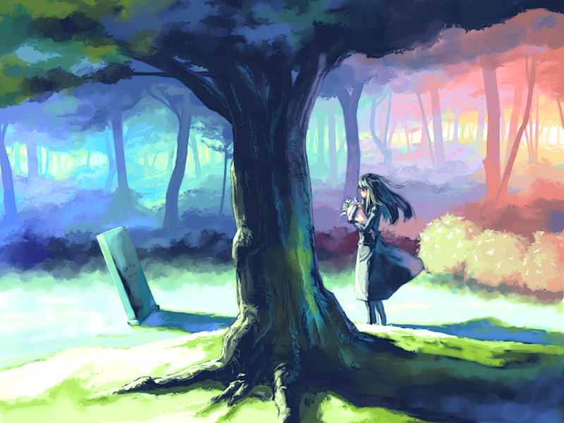 myu, original, 1girl, colorful, dress, female focus, flower, forest, grave, long hair, nature, solo, tree