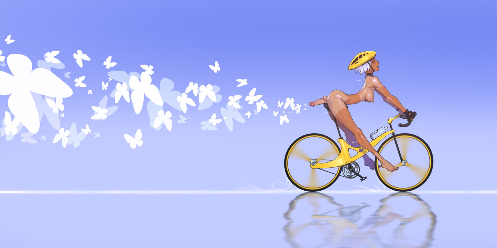 tailbox, original, highres, 1girl, arched back, ass, bicycle, bicycle helmet, black gloves, blue background, bluesky logo, breasts, closed eyes, completely nude, erection, from side, futanari, gloves, helmet, large breasts, leaning forward, medium breasts, nipples, nude, open mouth, outstretched legs, penis, perky breasts, plantar flexion, profile, reflection, reflective floor, riding, sexual exercising, short hair, smell, smile, solo, straddling, sweat, tan, tanline, testicles, tucked penis, white hair