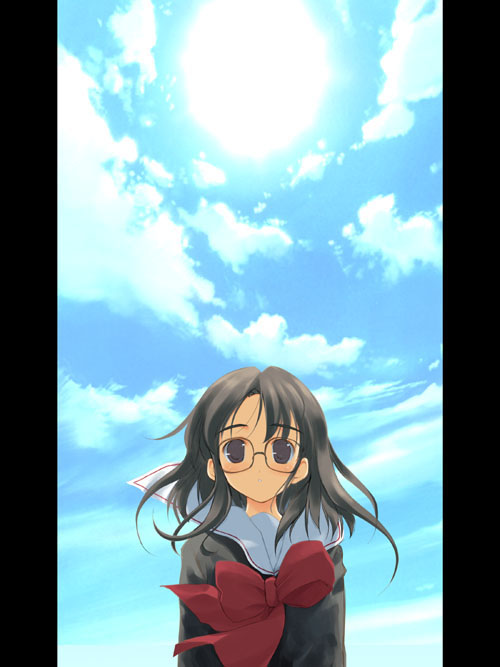 yaegashi nan, kurihara touko, tenshi no inai 12-gatsu, 1girl, brown eyes, brown hair, day, female focus, glasses, pillarboxed, school uniform, serafuku, sky, solo