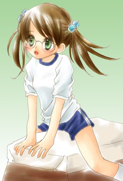 original, tagme, blush, glasses, gym uniform, solo, twintails