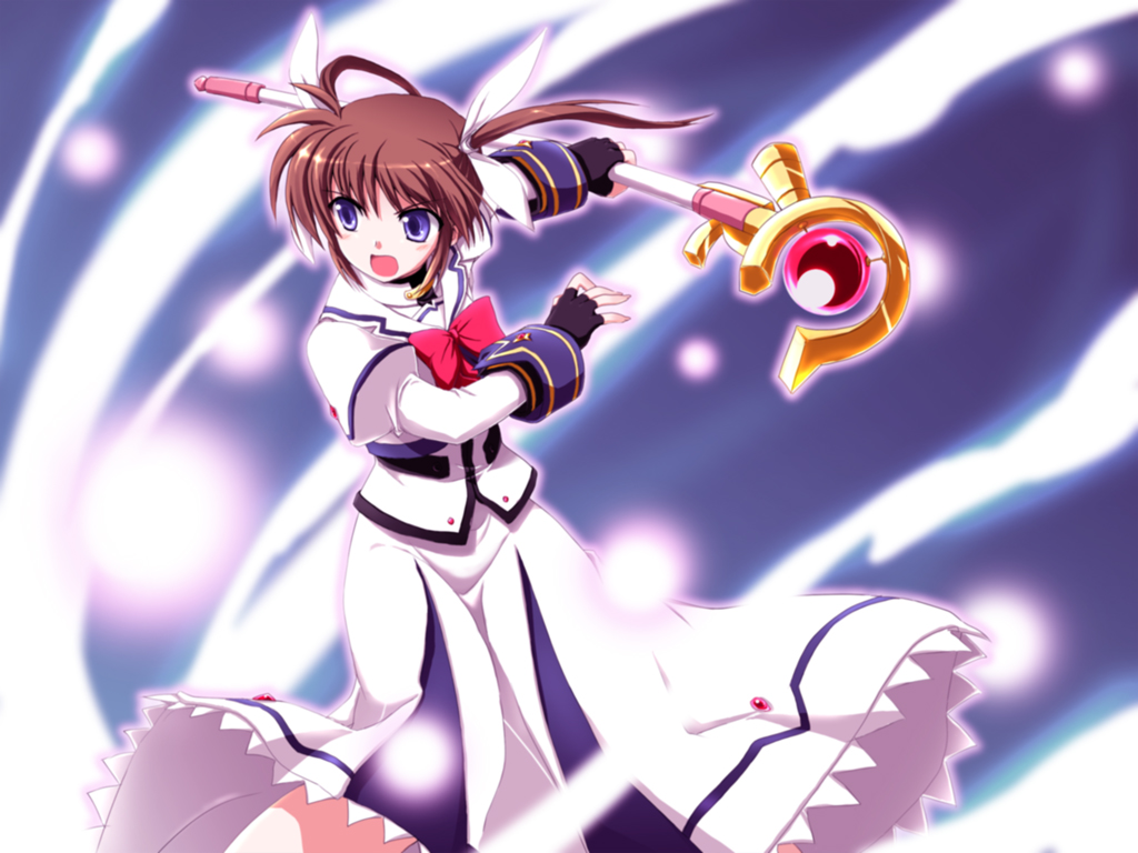 kusakami akira, raising heart, takamachi nanoha, lyrical nanoha, mahou shoujo lyrical nanoha, mahou shoujo lyrical nanoha a's, 00s, 1girl, bow, female focus, fingerless gloves, gloves, magazine (weapon), magical girl, purple eyes, red bow, red hair, solo, twintails