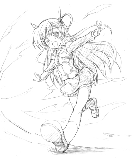 kusakami akira, vivio, lyrical nanoha, mahou shoujo lyrical nanoha, mahou shoujo lyrical nanoha strikers, 00s, 1girl, :d, blush, female focus, from below, full body, greyscale, loafers, long hair, looking at viewer, monochrome, open mouth, outstretched arms, running, shoes, simple background, skirt, smile, solo, two side up, very long hair, white background
