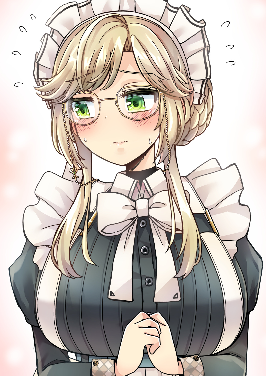 gagaga, ade (nikke), goddess of victory: nikke, 1girl, black dress, blonde hair, blush, breasts, closed mouth, dress, embarrassed, glasses, gradient background, green eyes, hair bun, huge breasts, long sleeves, looking to the side, maid, maid headdress, solo, sweat, upper body, wavy mouth