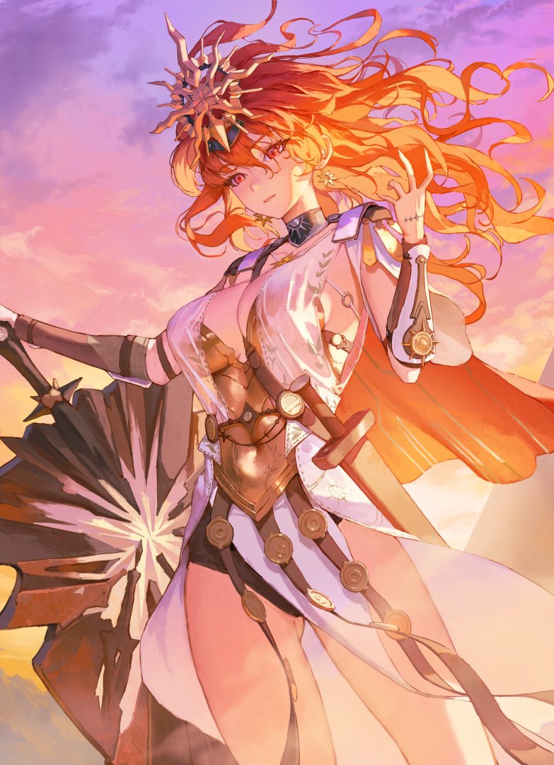 sib (9obsl), augusta (wuthering waves), wuthering waves, commentary, 1girl, ancient greek clothes, arm armor, armor, black collar, breastplate, breasts, cleavage, closed mouth, collar, covered navel, dress, greatsword, greco-roman clothes, hand up, headgear, holding, holding sword, holding weapon, large breasts, long hair, orange hair, outdoors, red eyes, solo, sword, thighs, weapon, white dress
