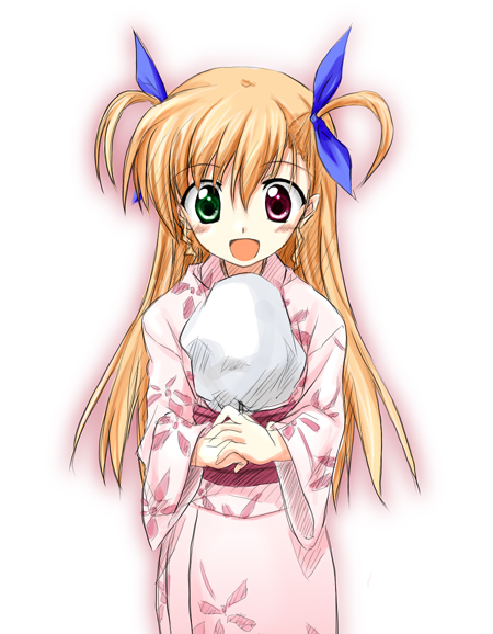 kusakami akira, vivio, lyrical nanoha, mahou shoujo lyrical nanoha, mahou shoujo lyrical nanoha strikers, 00s, 1girl, cotton candy, female focus, food, heterochromia, holding, holding cotton candy, holding food, japanese clothes, kimono, pink kimono, solo, yukata