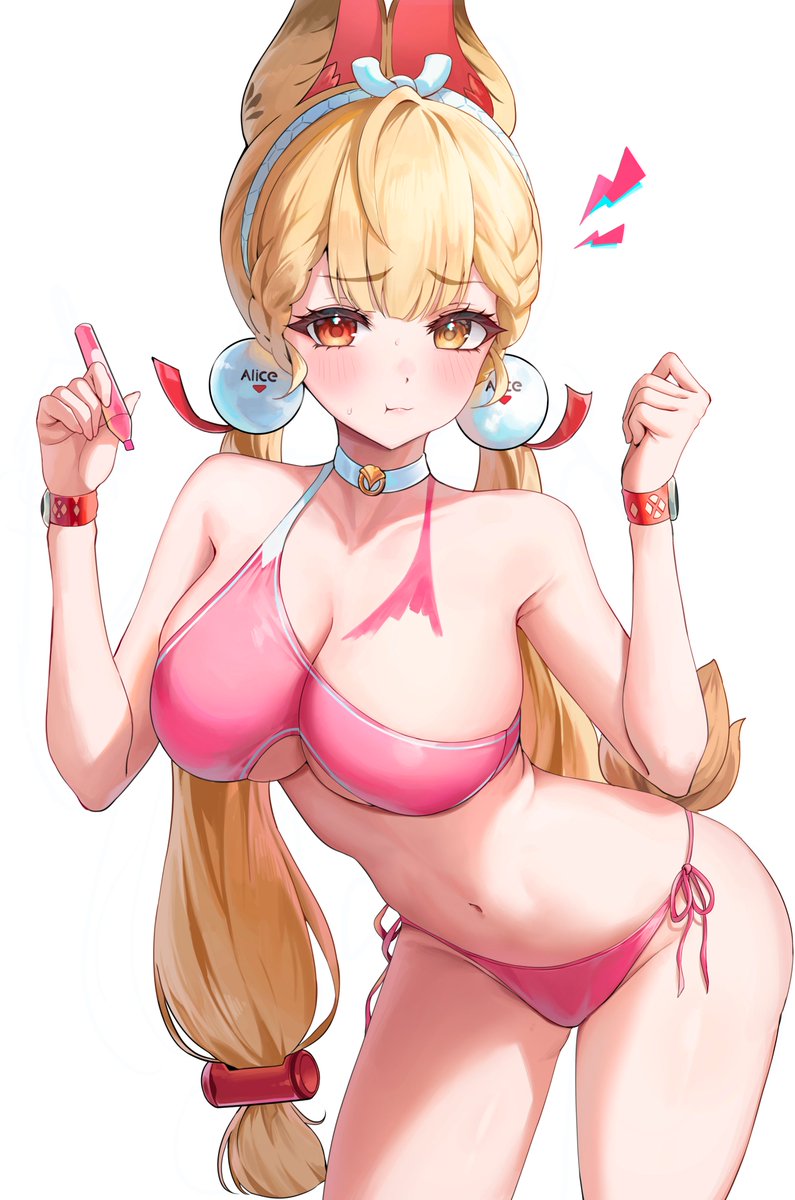 2gong (9ujin ), alice thymefield, zenless zone zero, highres, 1girl, :t, alternate costume, animal ears, bare shoulders, bikini, blonde hair, braid, breasts, choker, cleavage, clothing cutout, cowboy shot, frown, hair ornament, hairband, hands up, heterochromia, holding, holding marker, large breasts, marker, navel, pink bikini, pout, rabbit ears, red eyes, side-tie bikini bottom, simple background, single strap, skindentation, solo, stomach, swimsuit, thighs, underboob, underboob cutout, white background, white choker, wristband, yellow eyes