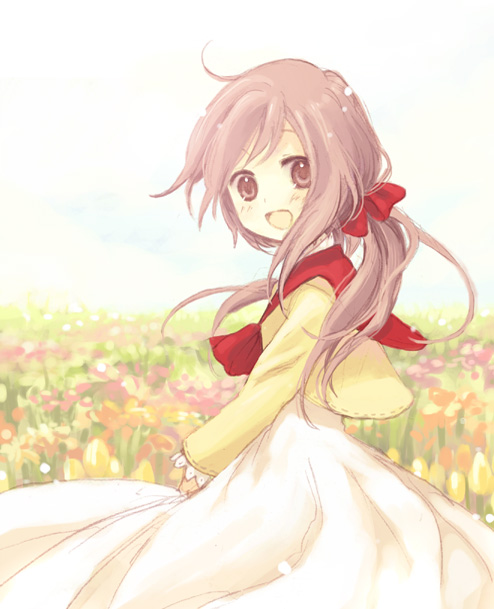 matsuzawa hajime, original, bow, brown eyes, brown hair, day, dress, flower, hair bow, long hair, outdoors, sky, solo