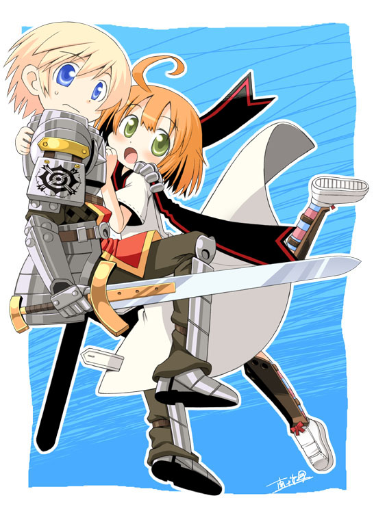 minami juujisei, medic (sekaiju), medic 2 (sekaiju), paladin (sekaiju), paladin 1 (sekaiju), atlus, etrian odyssey, 1boy, 1girl, :o, ahoge, armor, armored boots, blonde hair, blue background, blue eyes, boots, border, brown hair, dress, falling, full armor, glint, green eyes, holding, holding sword, holding weapon, open mouth, paladin, reflection, short hair, simple background, surprised, sword, unsheathed, weapon, white dress